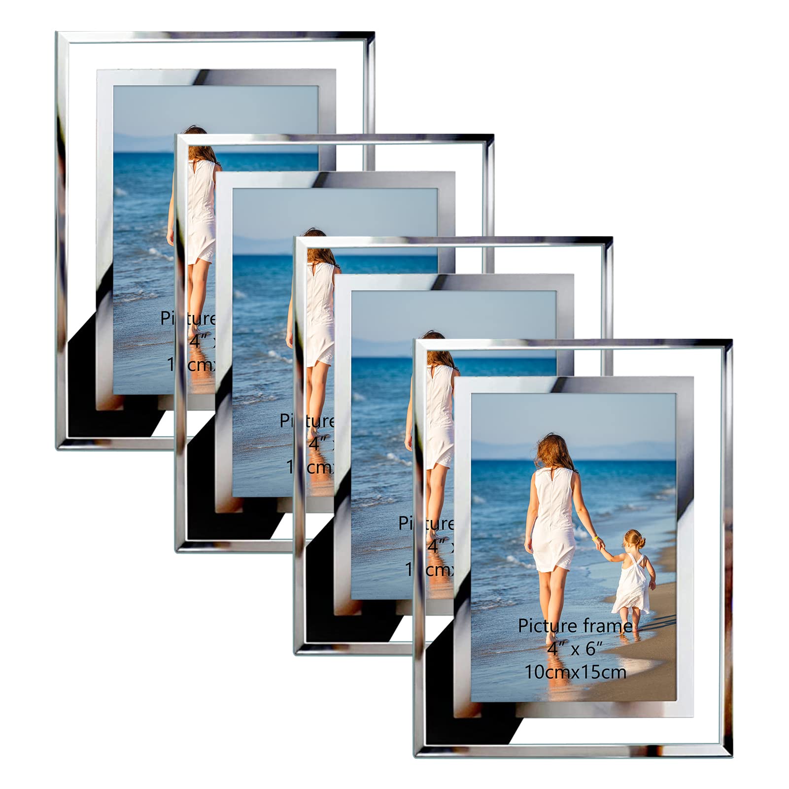 Hoikwo Bulk 4x6 Picture Frames, 4 Packs Silver Photo Frames 4 by 6, Glass Wedding Frames 4x6, Clear Mirror Wedding Photo Frames,