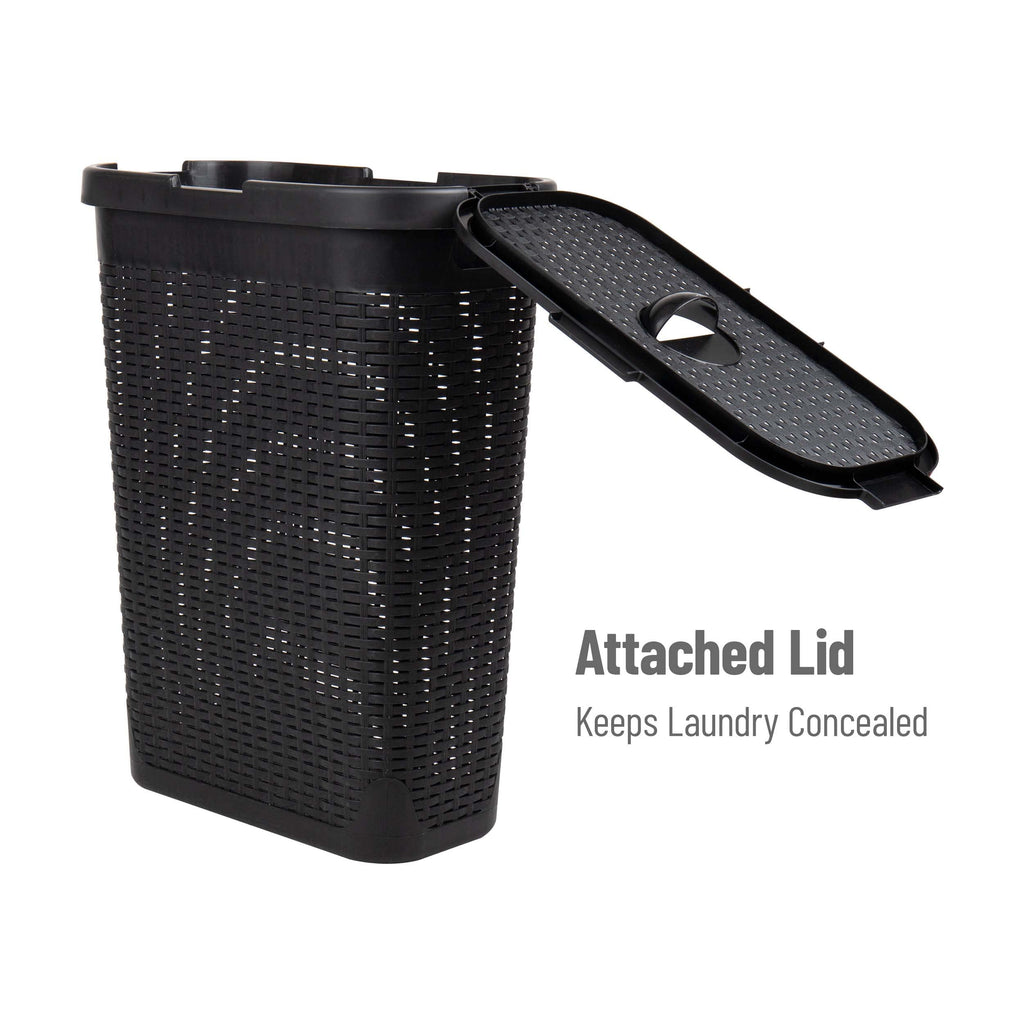 Mind Reader 40L Slim Laundry Hamper, Clothes Basket, Lid, Wicker Design, Plastic, 18''L X 10.4''W X 23.5''H, Set Of 2, Black