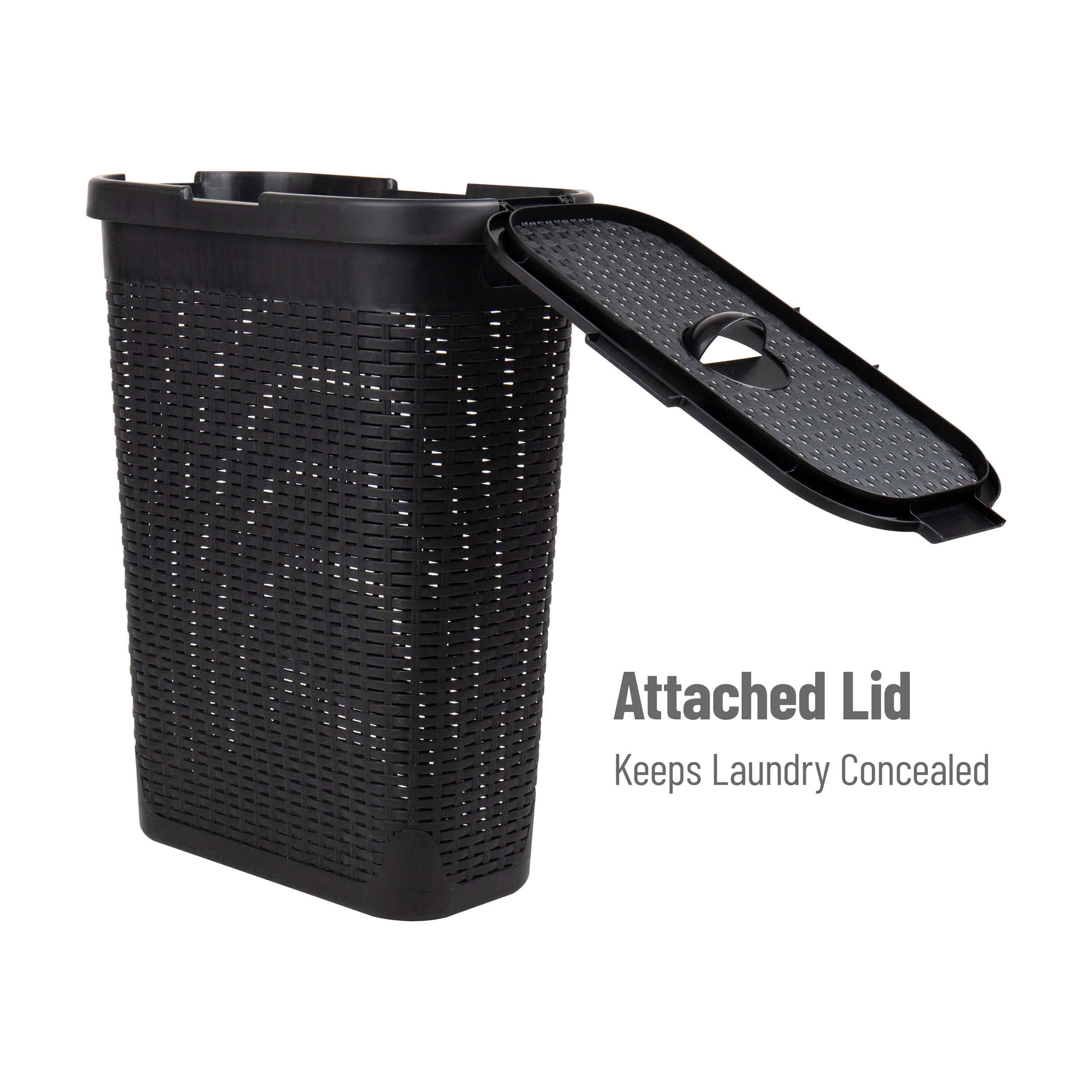 Mind Reader 40L Slim Laundry Hamper, Clothes Basket, Lid, Wicker Design, Plastic, 18''L X 10.4''W X 23.5''H, Set Of 2, Black