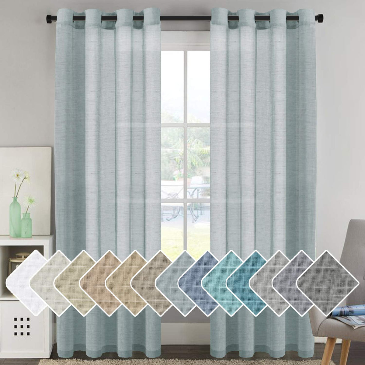 H.Versailtex Linen Semi Sheer Curtains 96 Inches Long Pair Set Linen Textured Sheer Curtains Nickel Grommet Window Treatment Pan