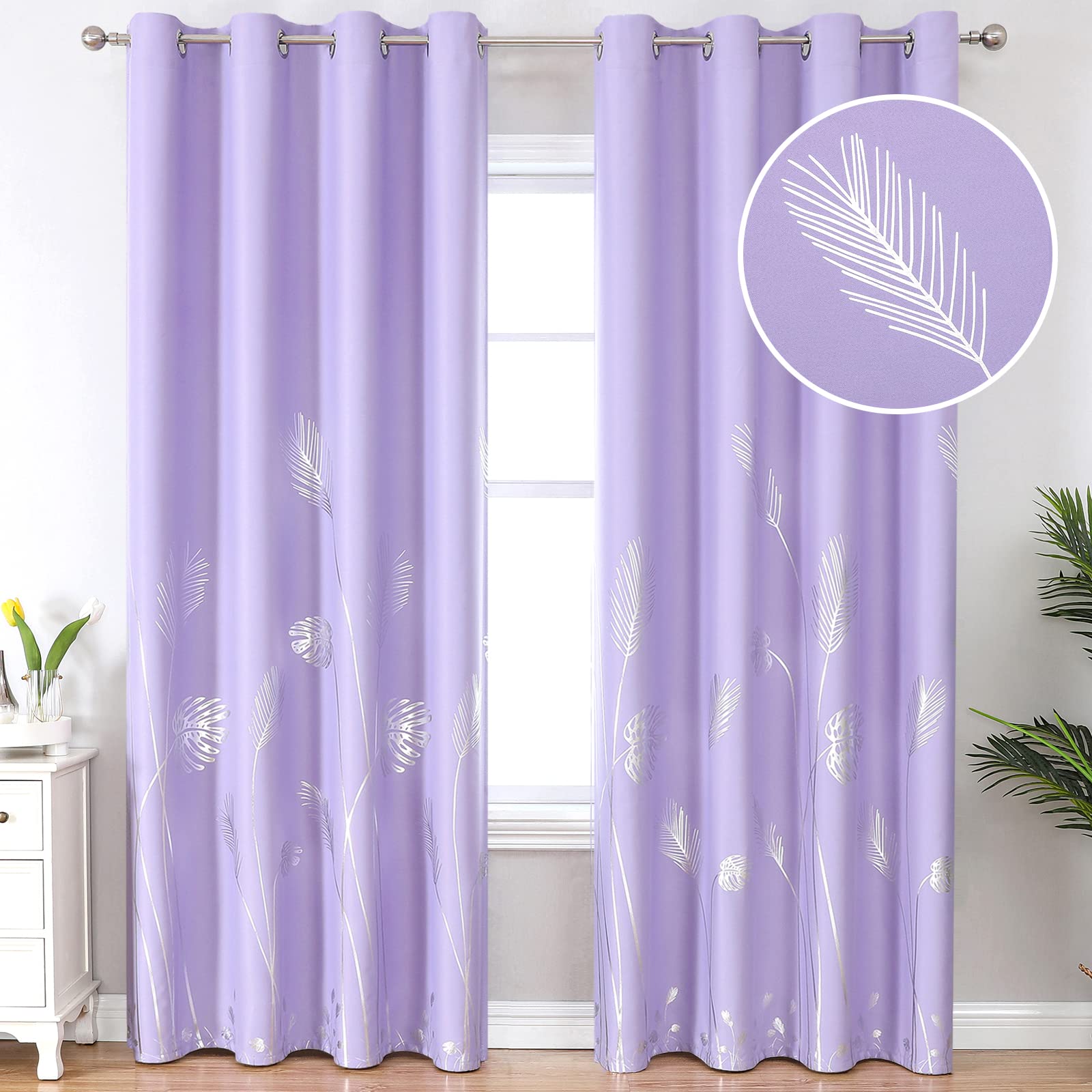 Estelar Textiler Lilac Blackout Curtains For Living Room, Room Darkening Curtains With Silver Palm Tree Pattern, Light Blocking