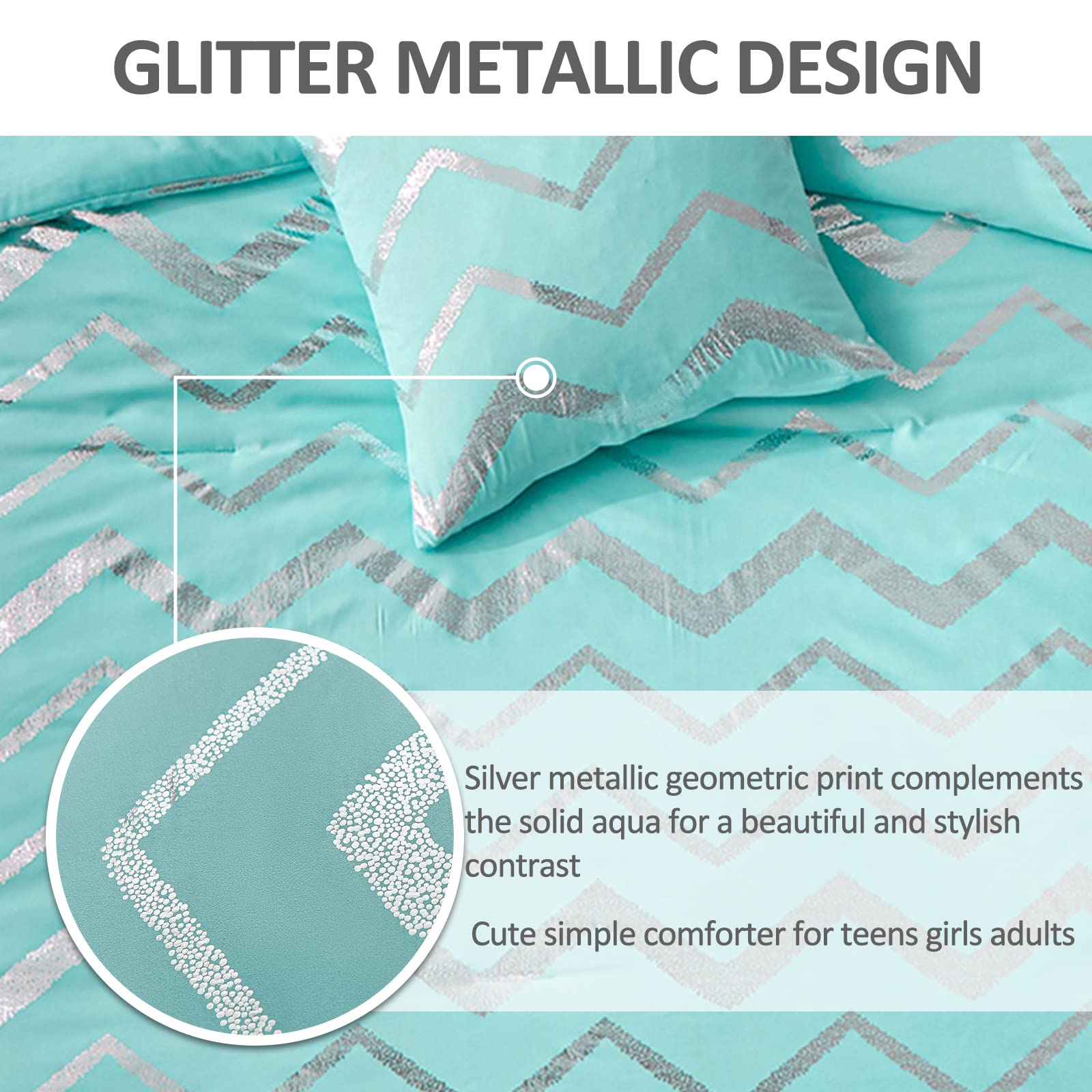 Menghomeus Aqua Comforter Set Queen Size Metallic Teal And Silver Bedding Set, 4 Piece Lightweight Microfiber Bed Set For Teen G