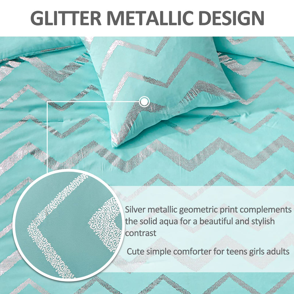 Menghomeus Aqua Comforter Set Twin Size Metallic Teal And Silver Bedding Set, 3 Piece Lightweight Microfiber Comforter For Teen