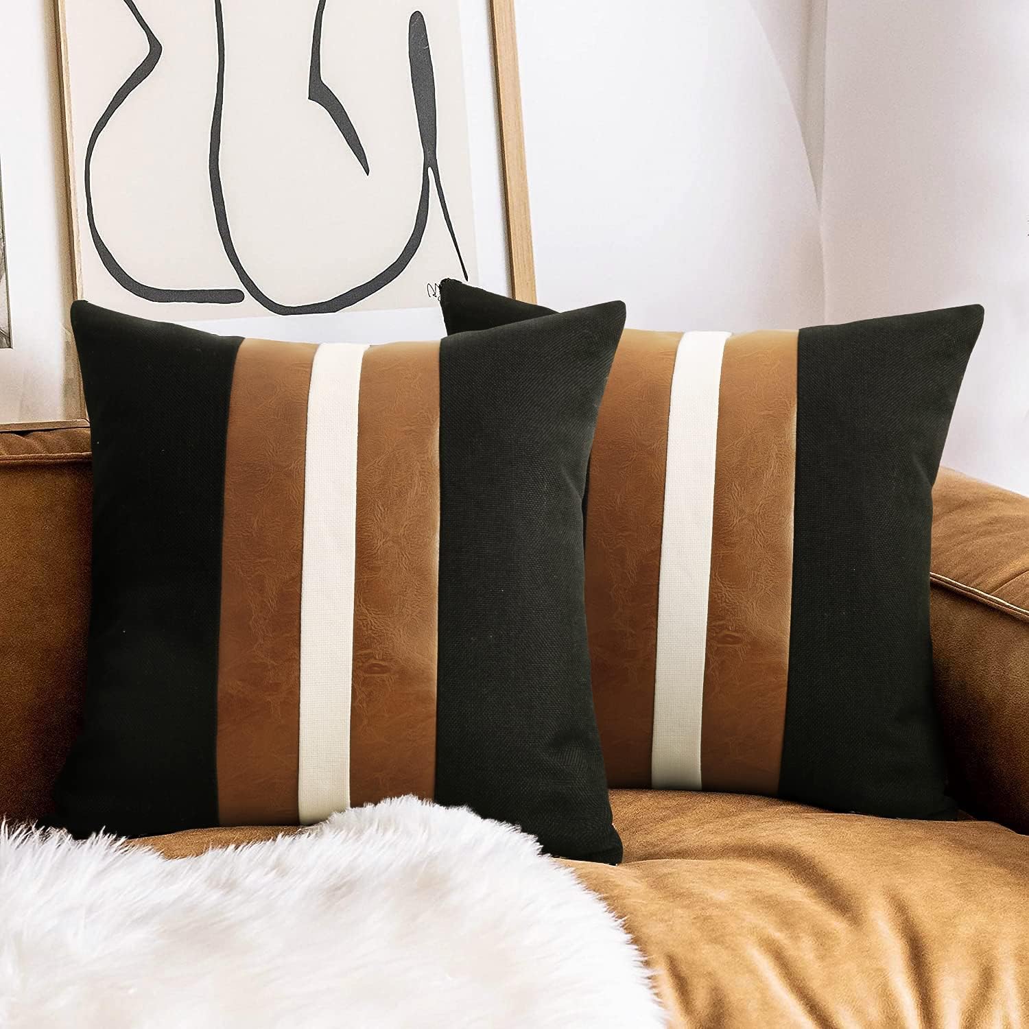 Jasen Set Of 2 Faux Leather Pillow Cover 20X20, Black And White Decorative Throw Pillow Covers Brown Modern Stripe Accent Cushio
