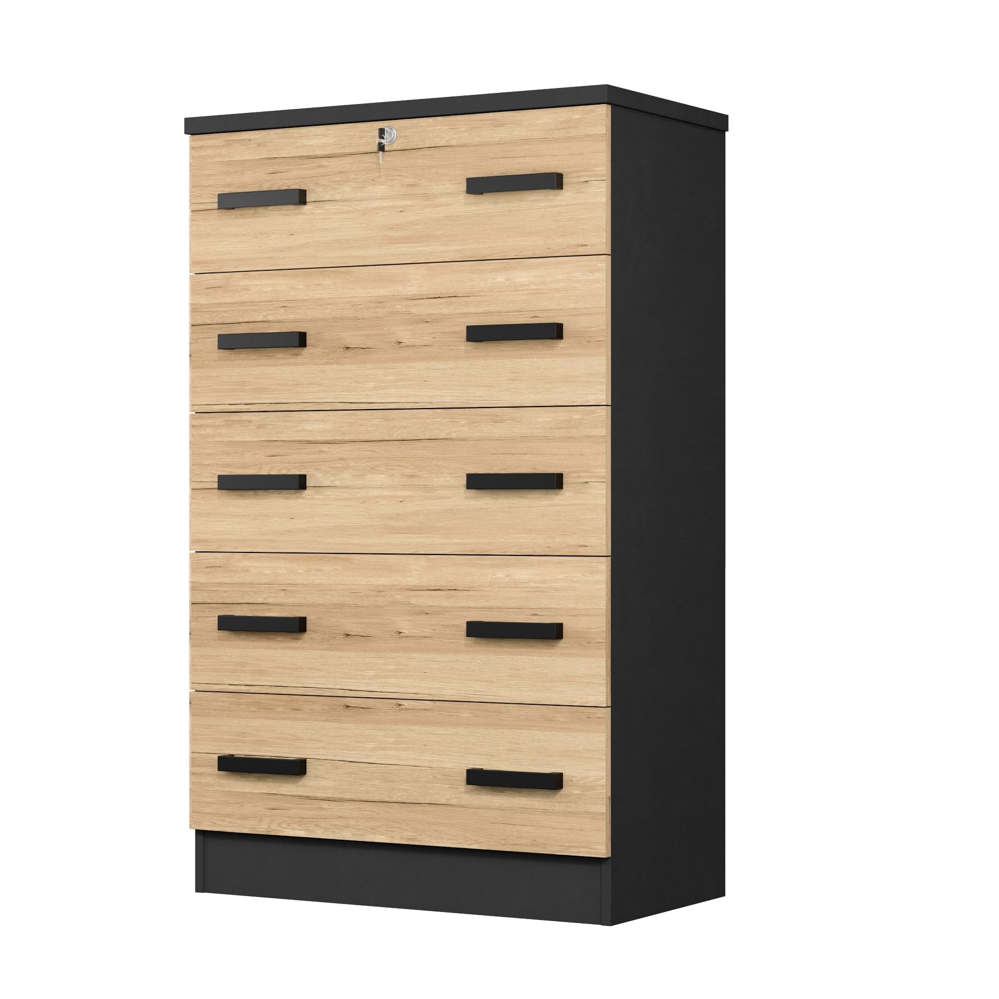 Cindy 5 Drawer Chest Wooden Dresser with Lock (Dark Grey & Natural Oak)