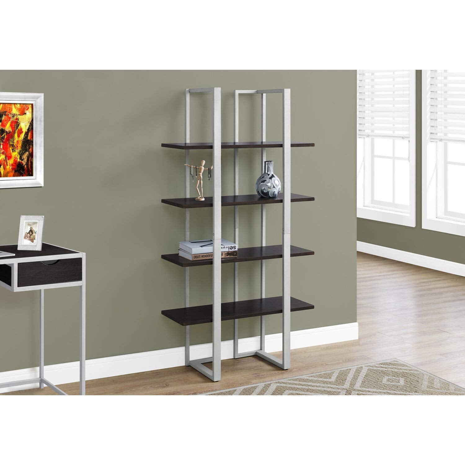 Monarch Specialties Bookcase-60 H Silver Metal, Cappuccino