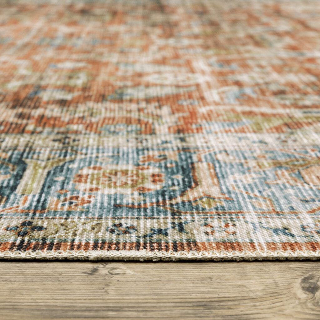 HomeRoots 510380 7 x 10 ft. Rust Blue Ivory & Gold Oriental Printed Stain Resistant Non Skid Rectangle Area Rug