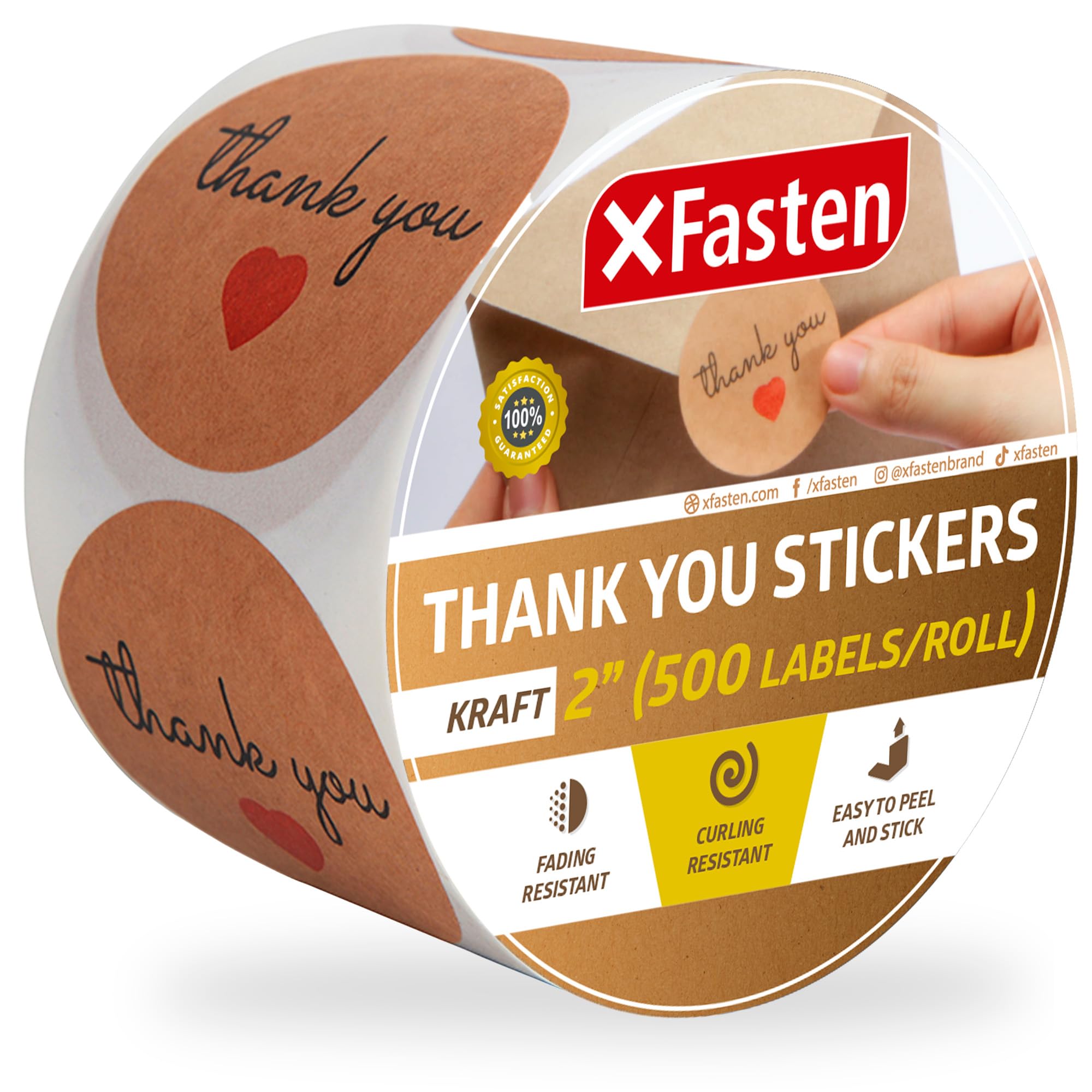 Xfasten Kraft Thank You Stickers Roll For Small Business, 500 2-Inch Round Thank You Sticker Tags, Microwave-Safe Thank You Stic