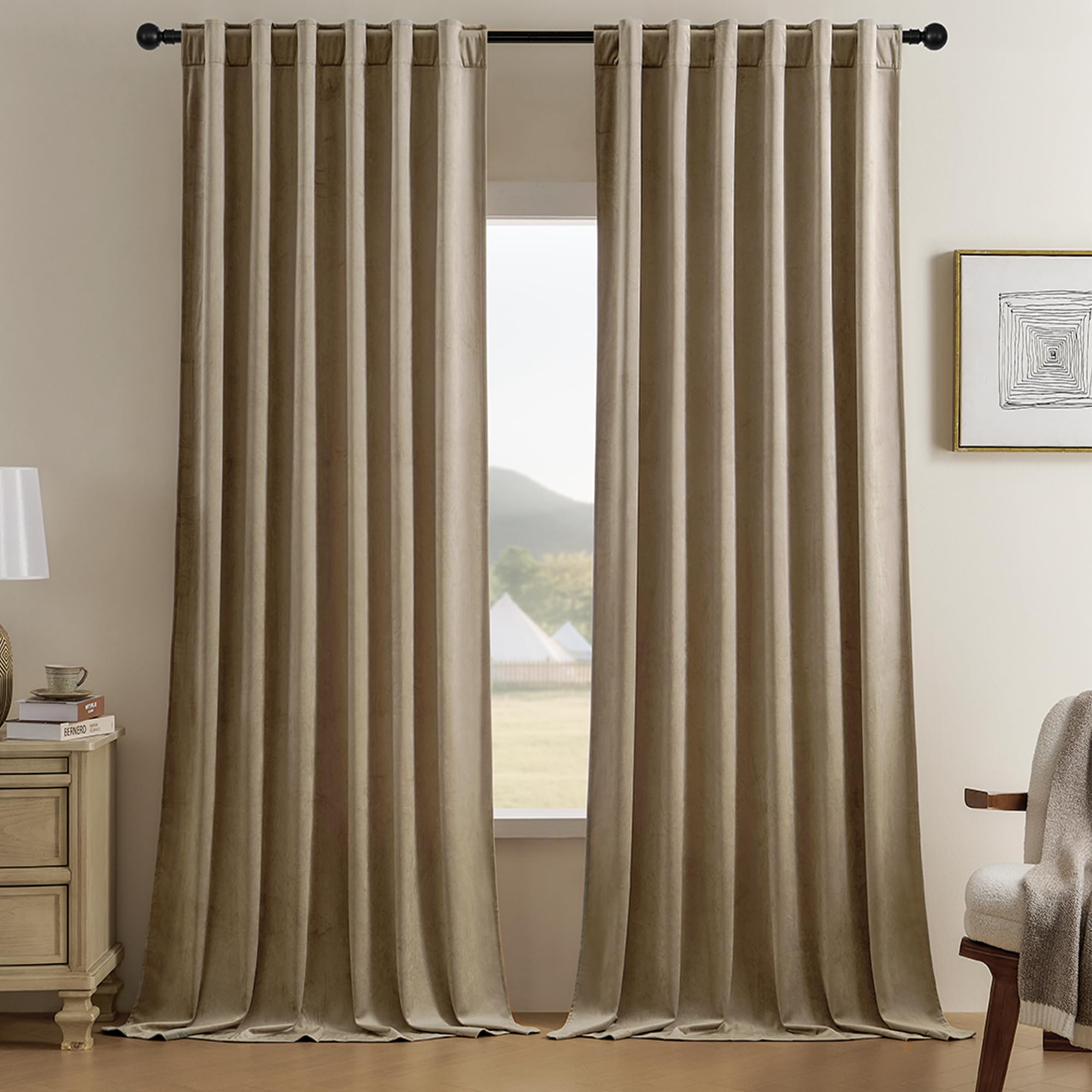 Timeper Taupe Velvet Curtains 84 Inches Long - Back Tab Design Light Bloacking Curtains Privacy Window Trreatment For Living Roo