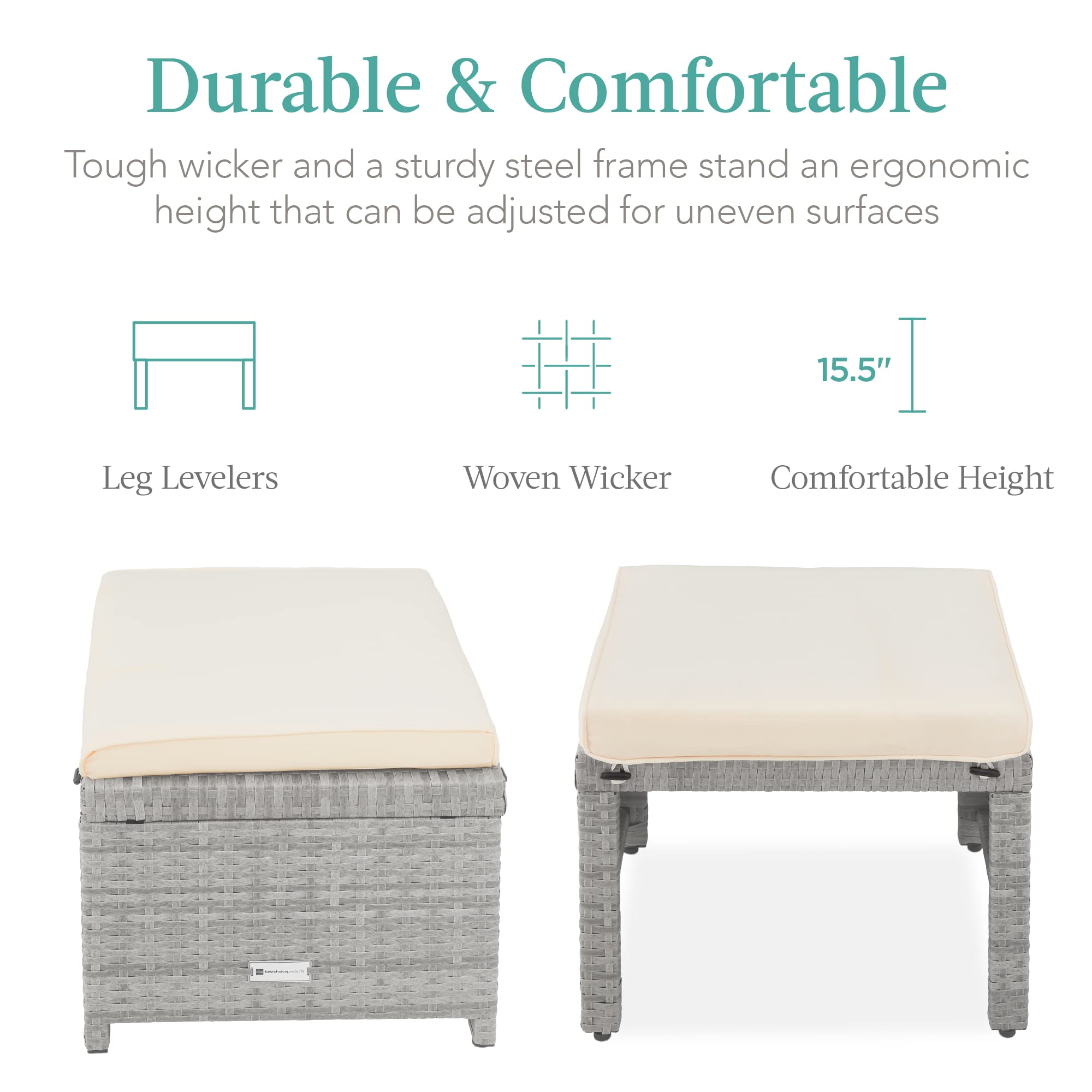 Best Choice Products Set Of 2 Wicker Ottomans, Multipurpose Outdoor Furniture For Patio, Backyard, Additional Seating, Footrest, Side Table W/Removable Cushions, Steel Frame - Gray/Cream