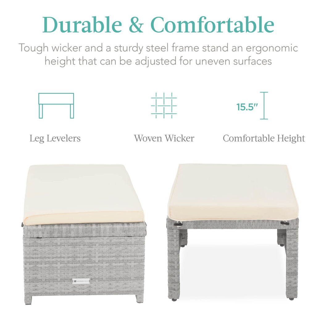 Best Choice Products Set Of 2 Wicker Ottomans, Multipurpose Outdoor Furniture For Patio, Backyard, Additional Seating, Footrest, Side Table W/Removable Cushions, Steel Frame - Gray/Cream