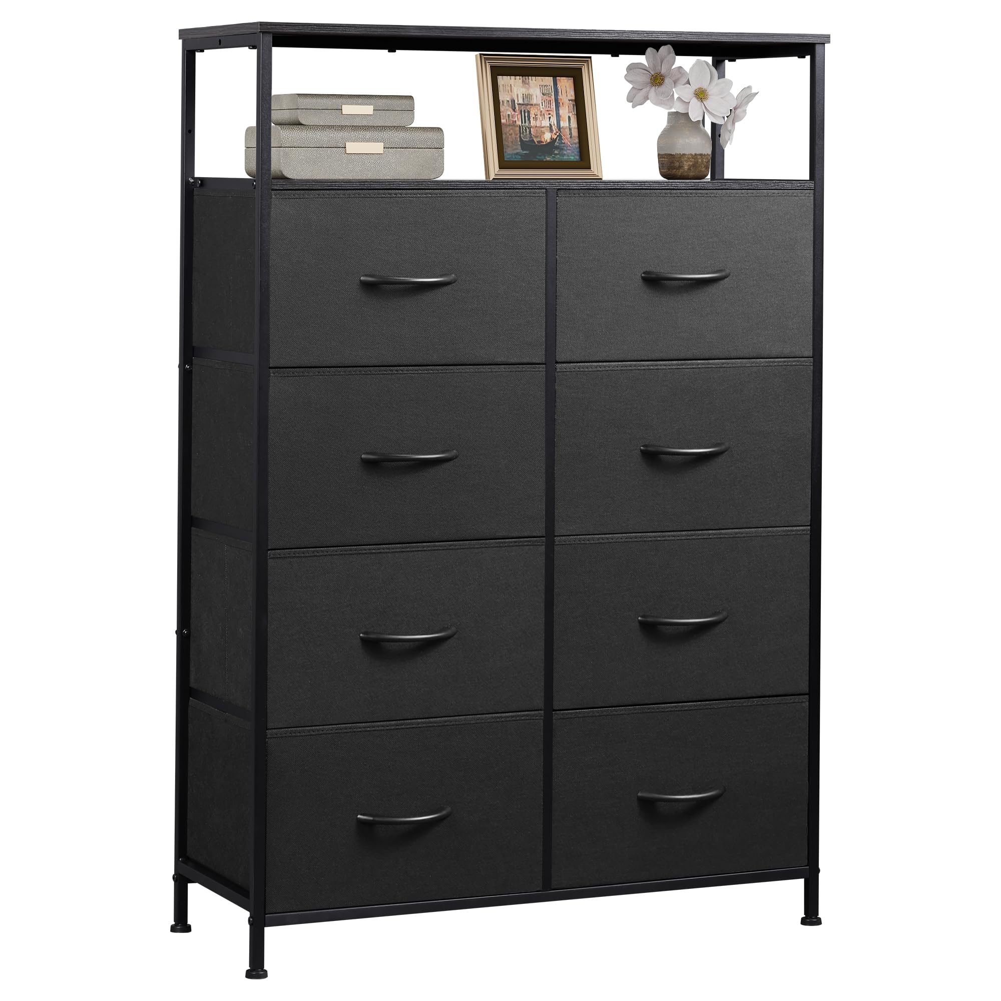 WLIVE Fabric Dresser for Bedroom with Open Shelves, Tall Black Dressers with 8 Drawers, Storage Tower with Fabric Bins, Chest of