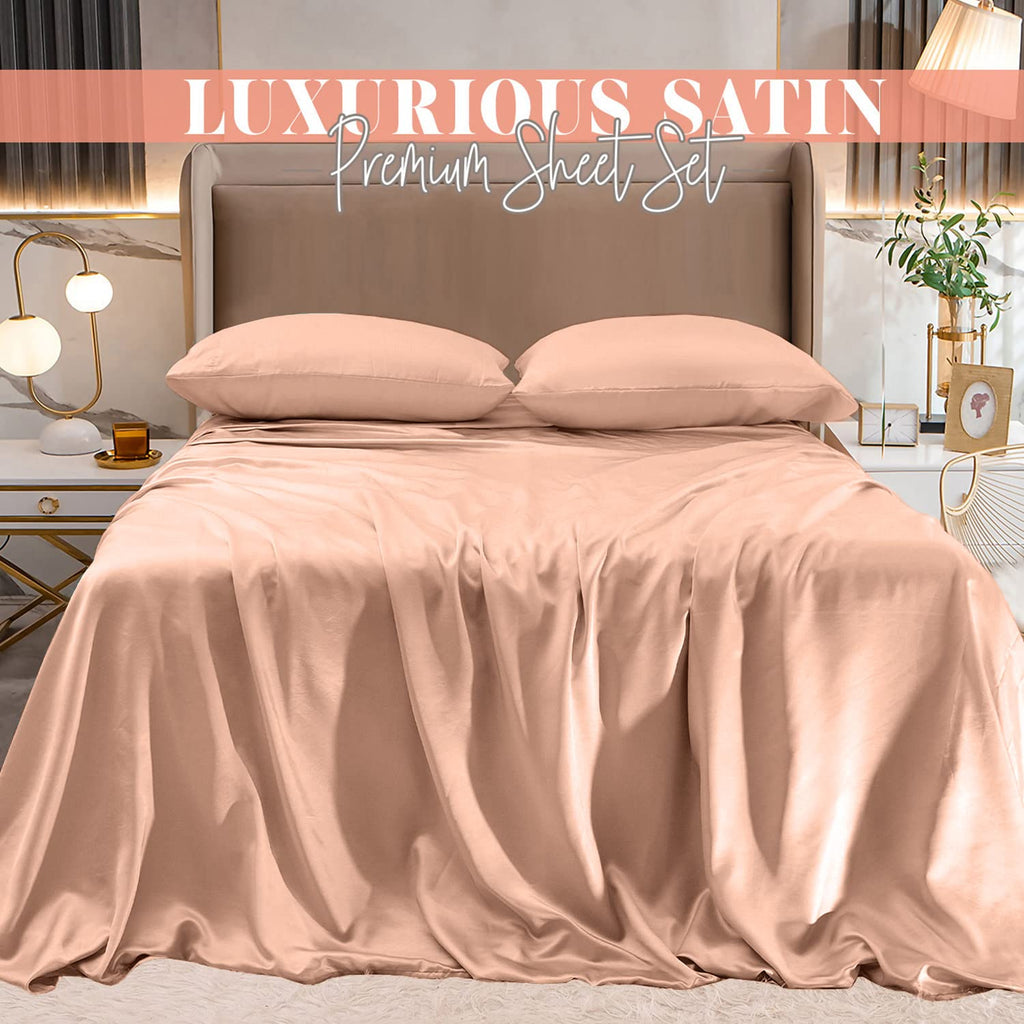Elegant Comfort Luxurious 4-Piece Silky Satin Sheet Set, Skin And Hair Friendly, Wrinkle, Fade, Stain Resistant With Deep Pockets Fitted Sheet, Cooling Soft Satin Sheet Set, King, Dusty Rose