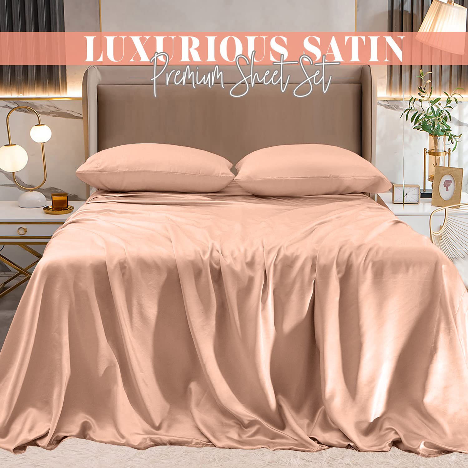 Elegant Comfort Luxurious 4-Piece Silky Satin Sheet Set, Skin And Hair Friendly, Wrinkle, Fade, Stain Resistant With Deep Pockets Fitted Sheet, Cooling Soft Satin Sheet Set, King, Dusty Rose