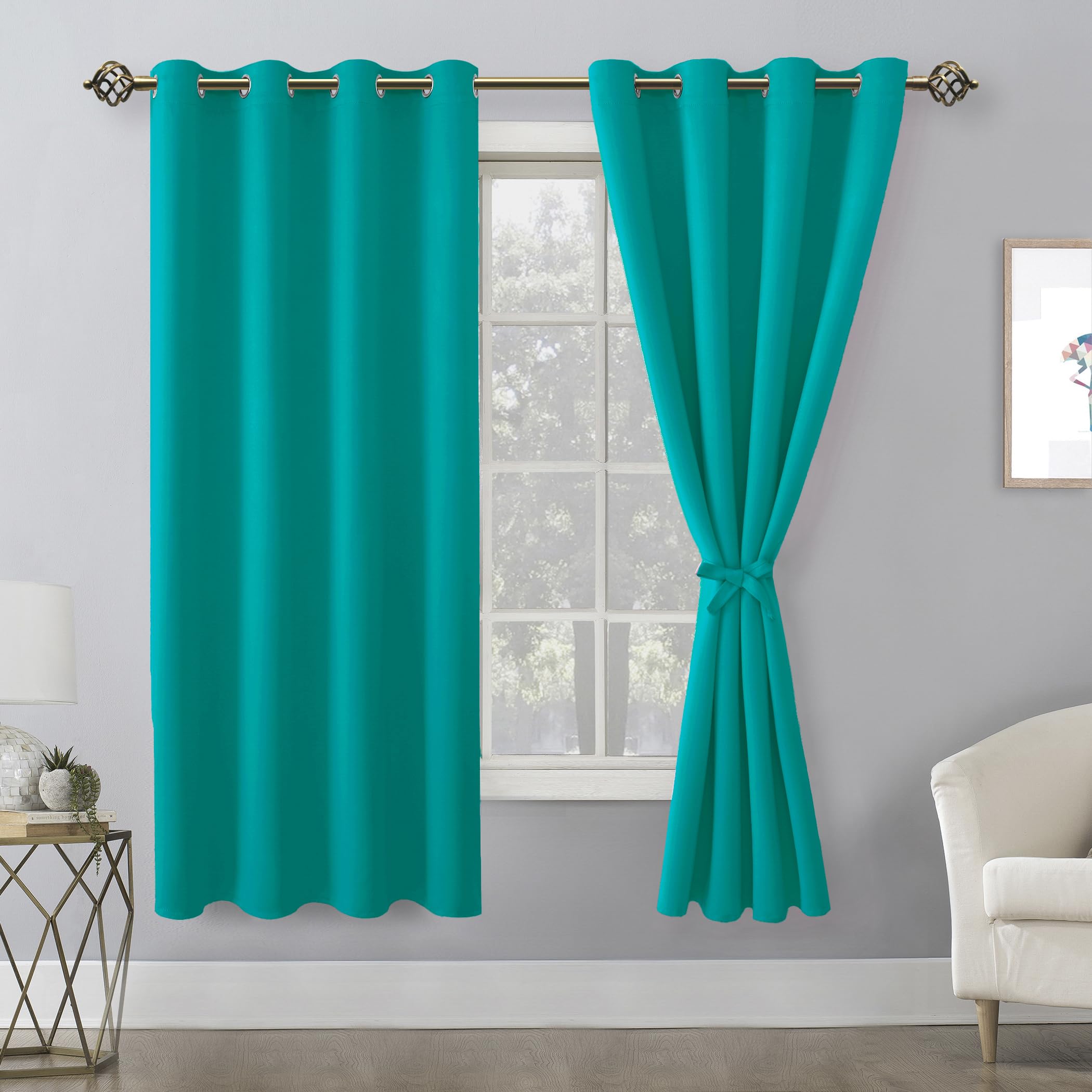Hiasan Blackout Curtains For Bedroom, 52 X 63 Inches Length - Thermal Insulated & Energy Saving Window Curtains For Living Room, 2 Drape Panels Sewn With Tiebacks, Peacock Teal