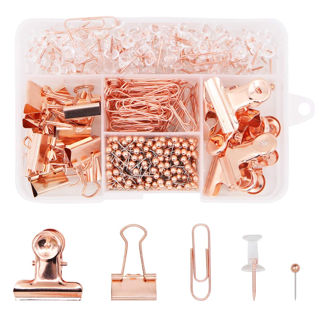500Pcs Office Stationery Set,Rose Gold Paper Clips Binder Clips Push Pins Round Head Pins 5 In 1 Box For Home School Office Supp