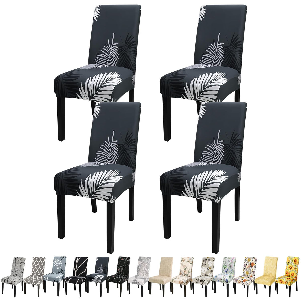 Jqinhome Pattern Chair Covers For Dining Room Set Of 4, High Stretch Removable Washable Parsons Chair Slipcover For Home Party Hotel Wedding Ceremony (Plume Black,4Pcs)