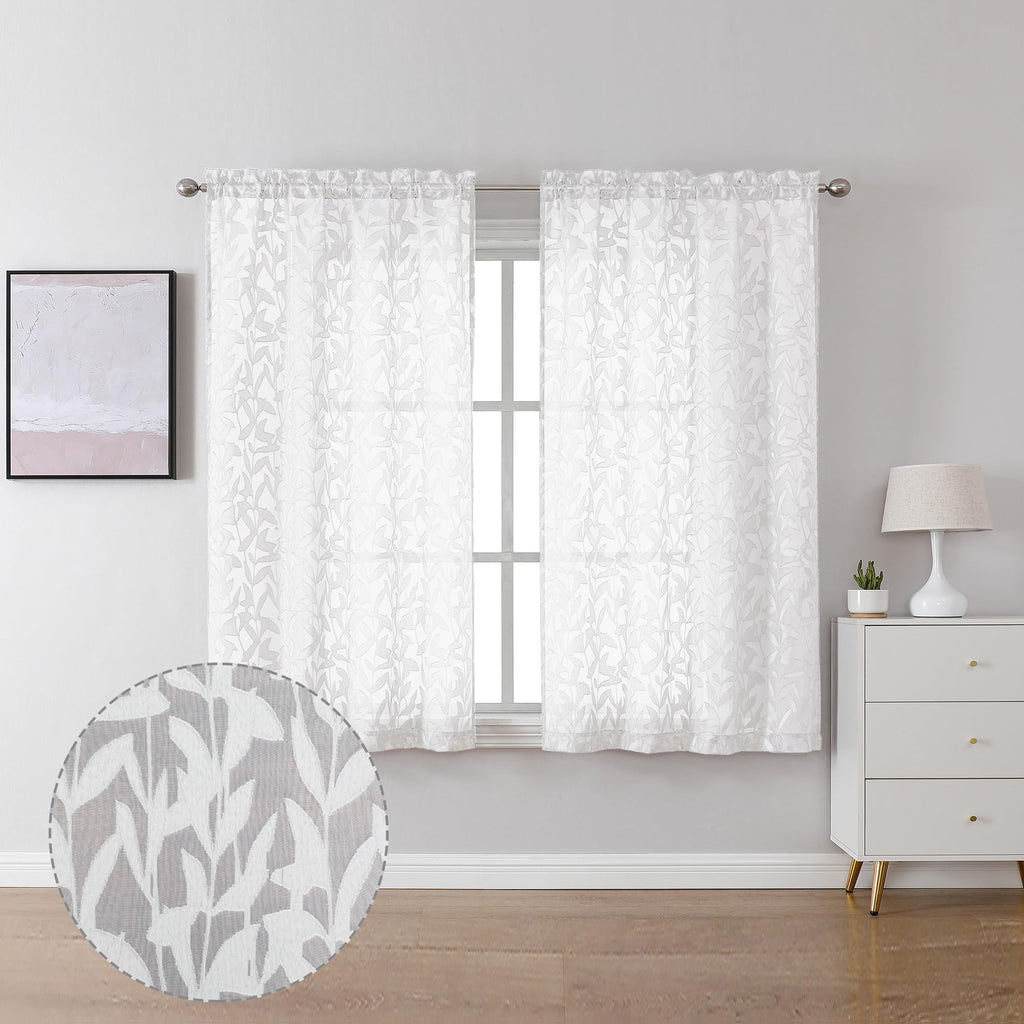 Lecloud Leia Short White Sheer Curtains 45 Inch Length 2 Panels, Balance Light & Privacy Clip Texture Small Window Curtain For B