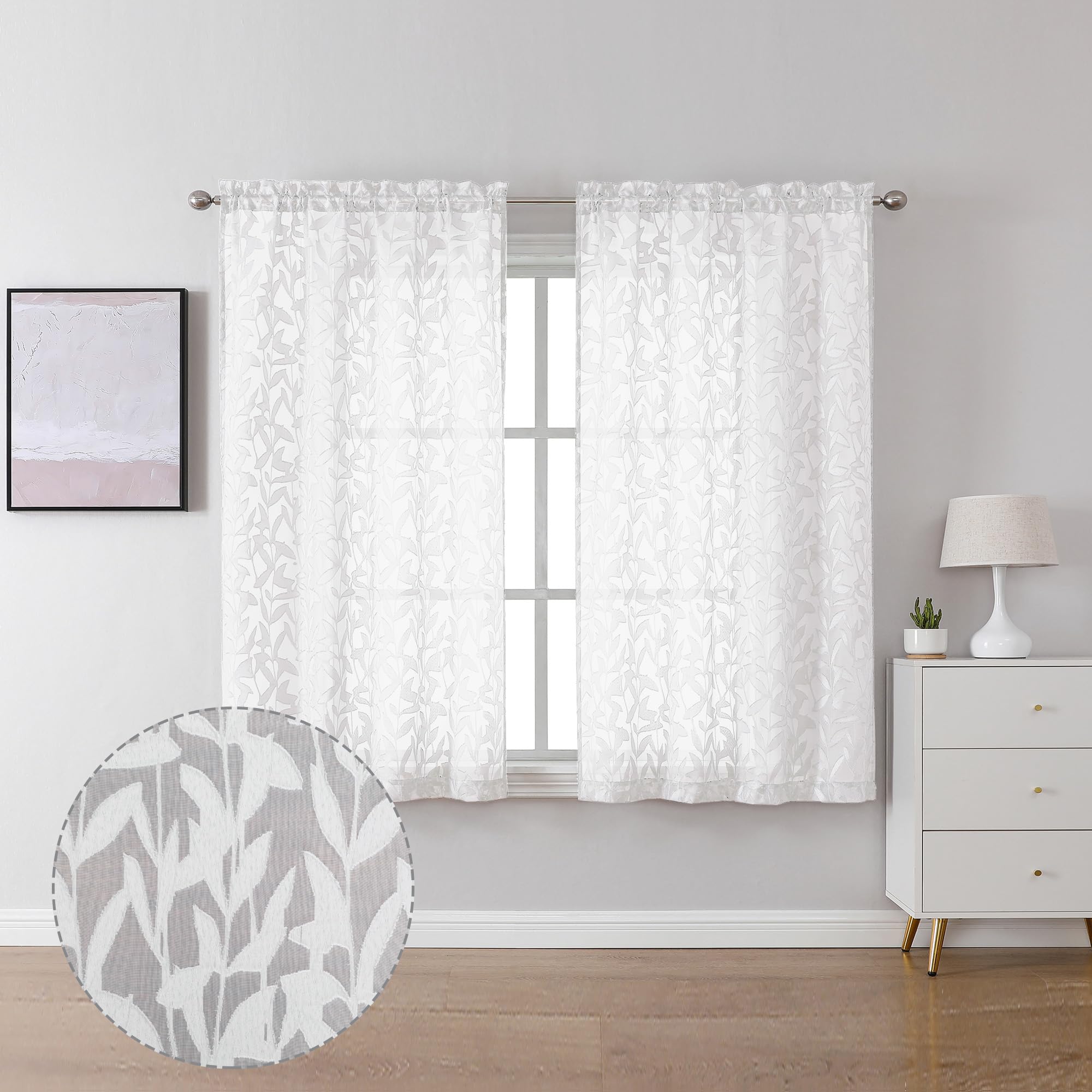 Lecloud Leia Short White Sheer Curtains 45 Inch Length 2 Panels, Balance Light & Privacy Clip Texture Small Window Curtain For B