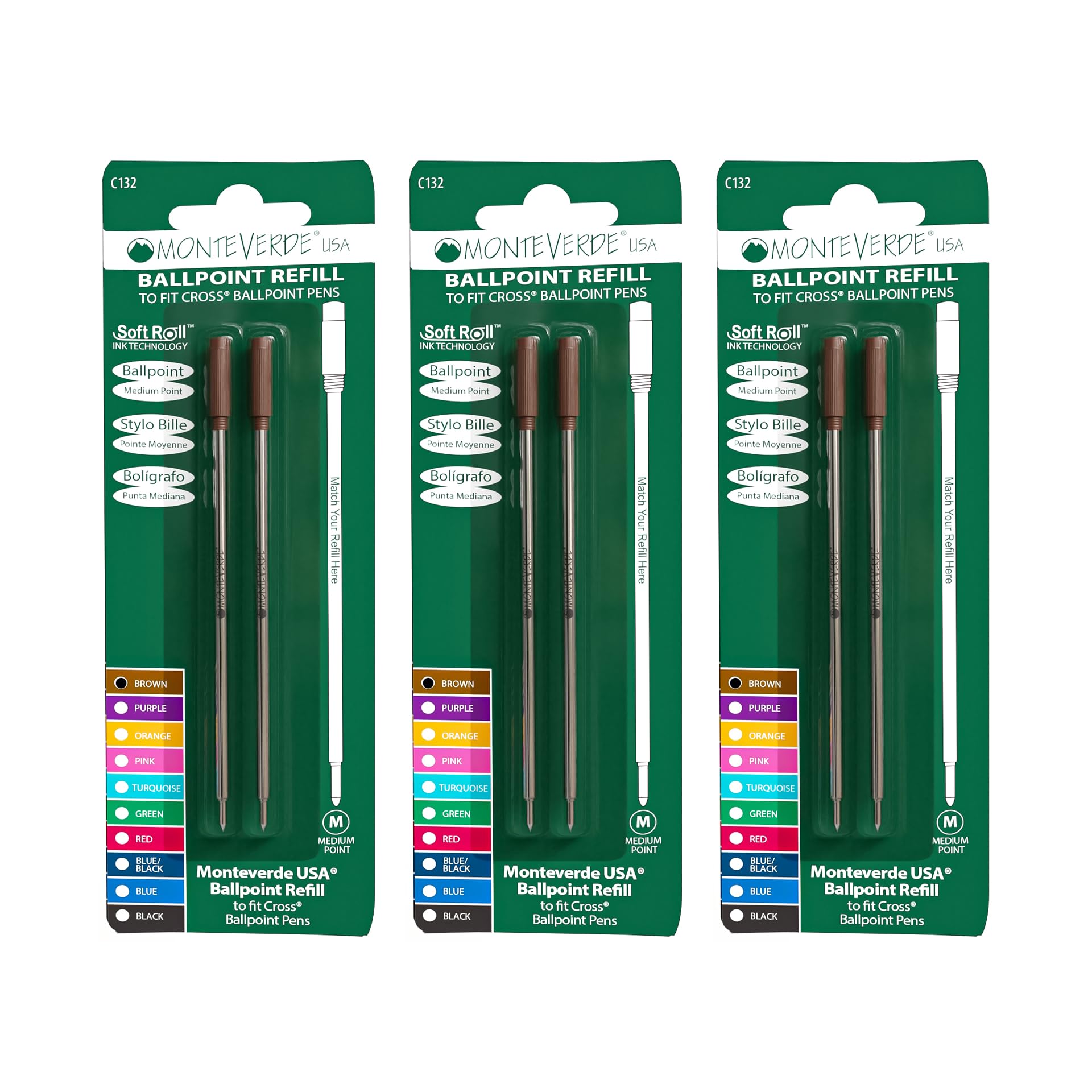 Monteverde Ballpoint Refill To Fit Cross Ballpoint Pens, Medium Point, Brown, 6 Pack (C133Bn)