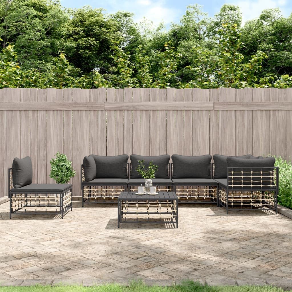 vidaXL Patio Furniture Set 7 Piece, Sectional Sofa with Coffee Table, Wicker Furniture Set with Cushions for Porch Garden, Anthracite Poly Rattan