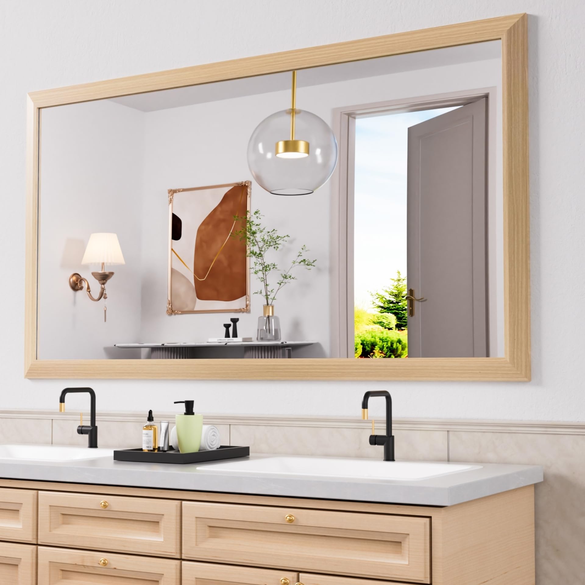 Amorho 72 X32 Inch Bathroom Mirror for Wall, Oak Wood Grain Metal Framed Mirror, Anti-Rust, Hang Horizontally/Vertically, Suitab