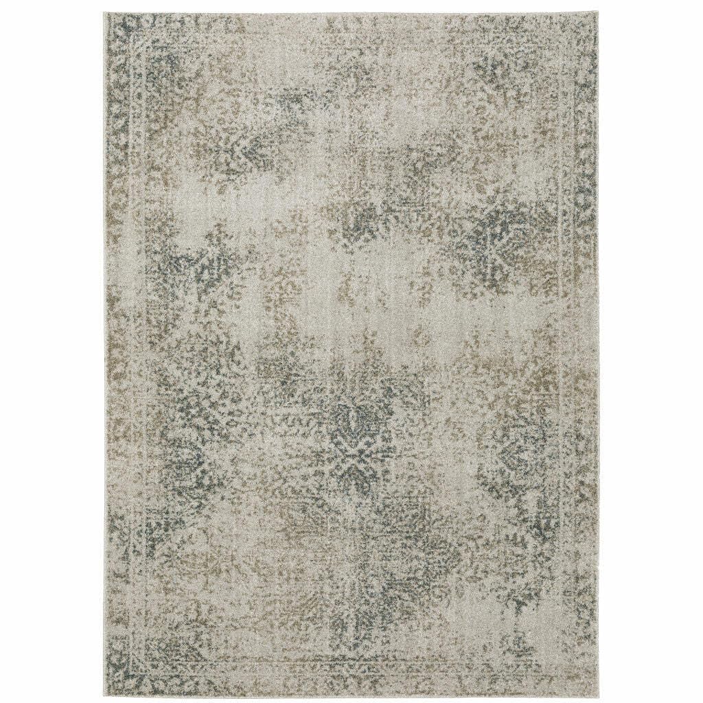 HomeRoots 508171 8 x 11 ft. Gray Beige & Teal Oriental Power Loom Stain Resistant Rectangle Area Rug