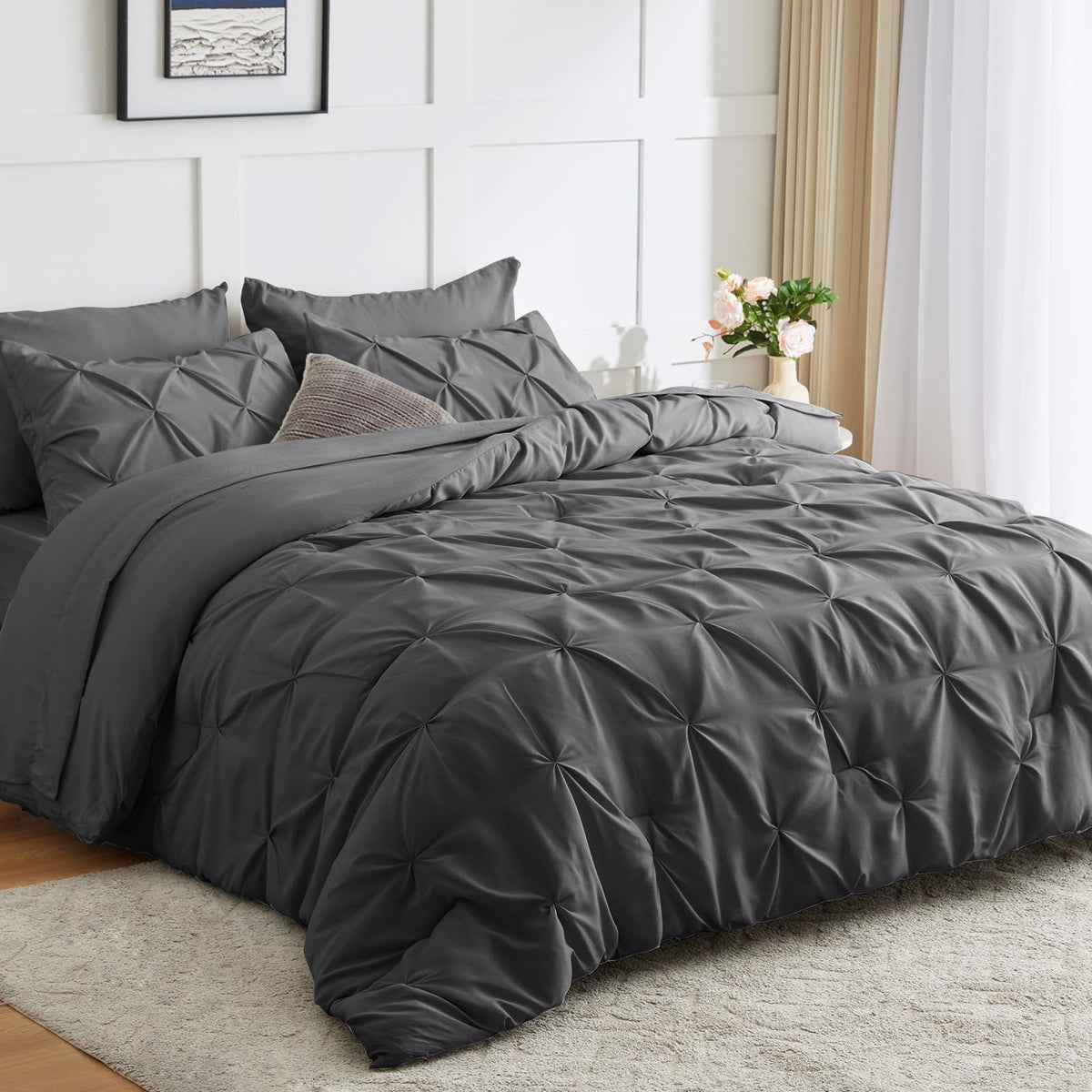 Cozylux California King Comforter Set - Cal King Bed Set 7 Pieces, Pinch Pleat Dark Grey Cali King Bedding Set With Comforter, S