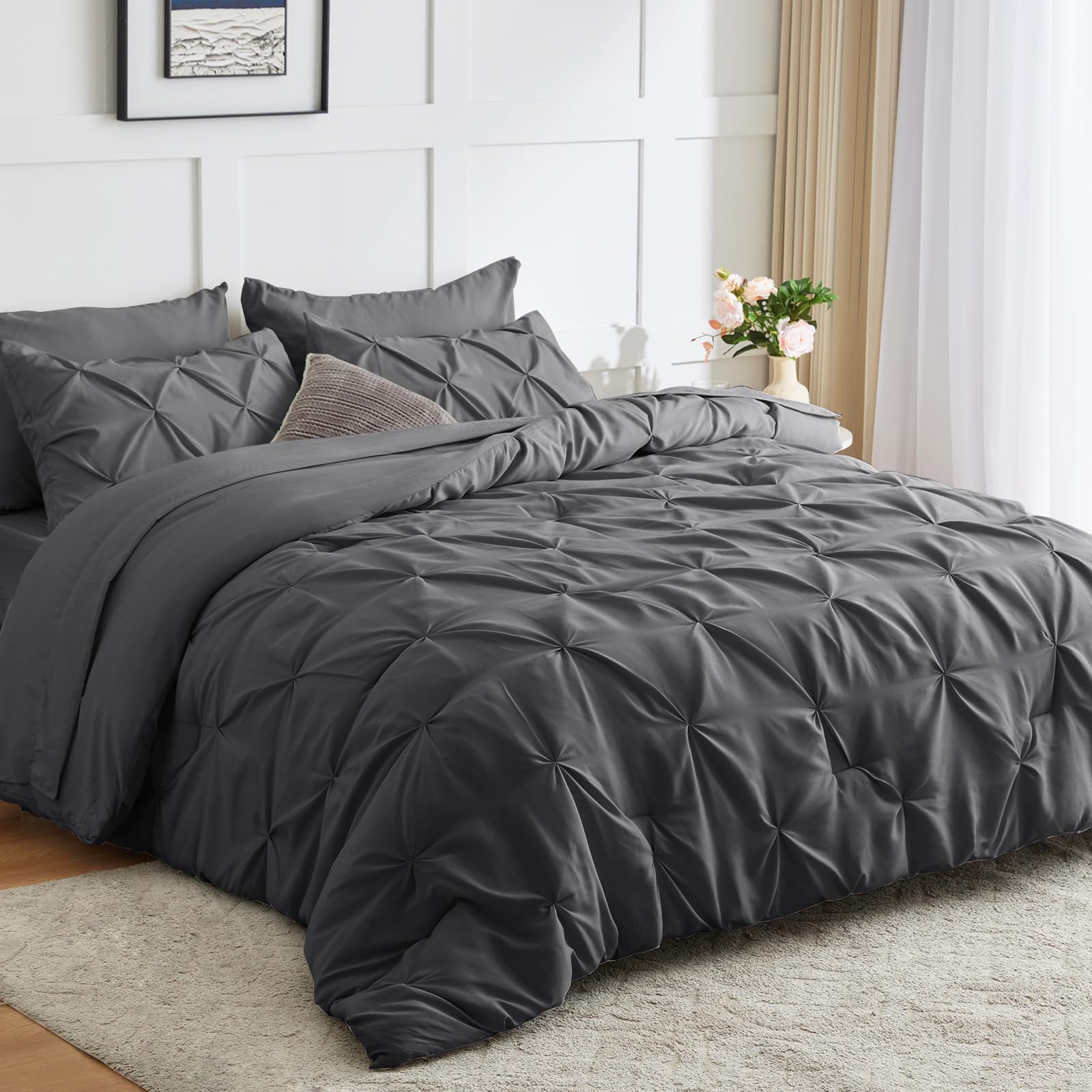 Cozylux Twin Xl Bedding Set 5 Pieces - Dark Grey Twin Xl Comforter Set With Sheets Pintuck Dorm Bedding Pinch Pleat Xl Twin Comf