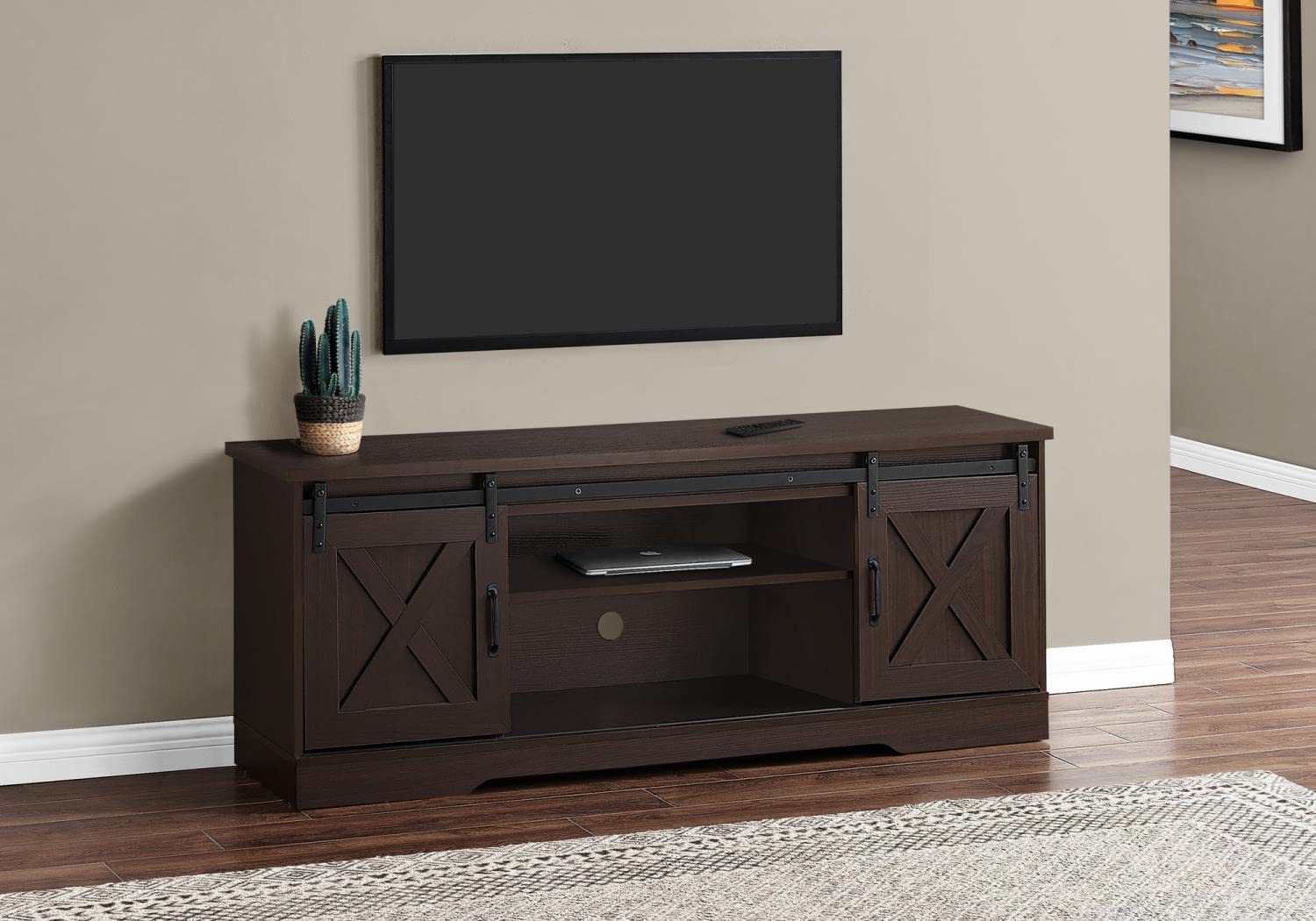 Monarch Specialties I 2745 Tv Stand, 60 Inch, Console, Media Entertainment Center, Storage Cabinet, Living Room, Bedroom, Laminate, Brown, Transitional