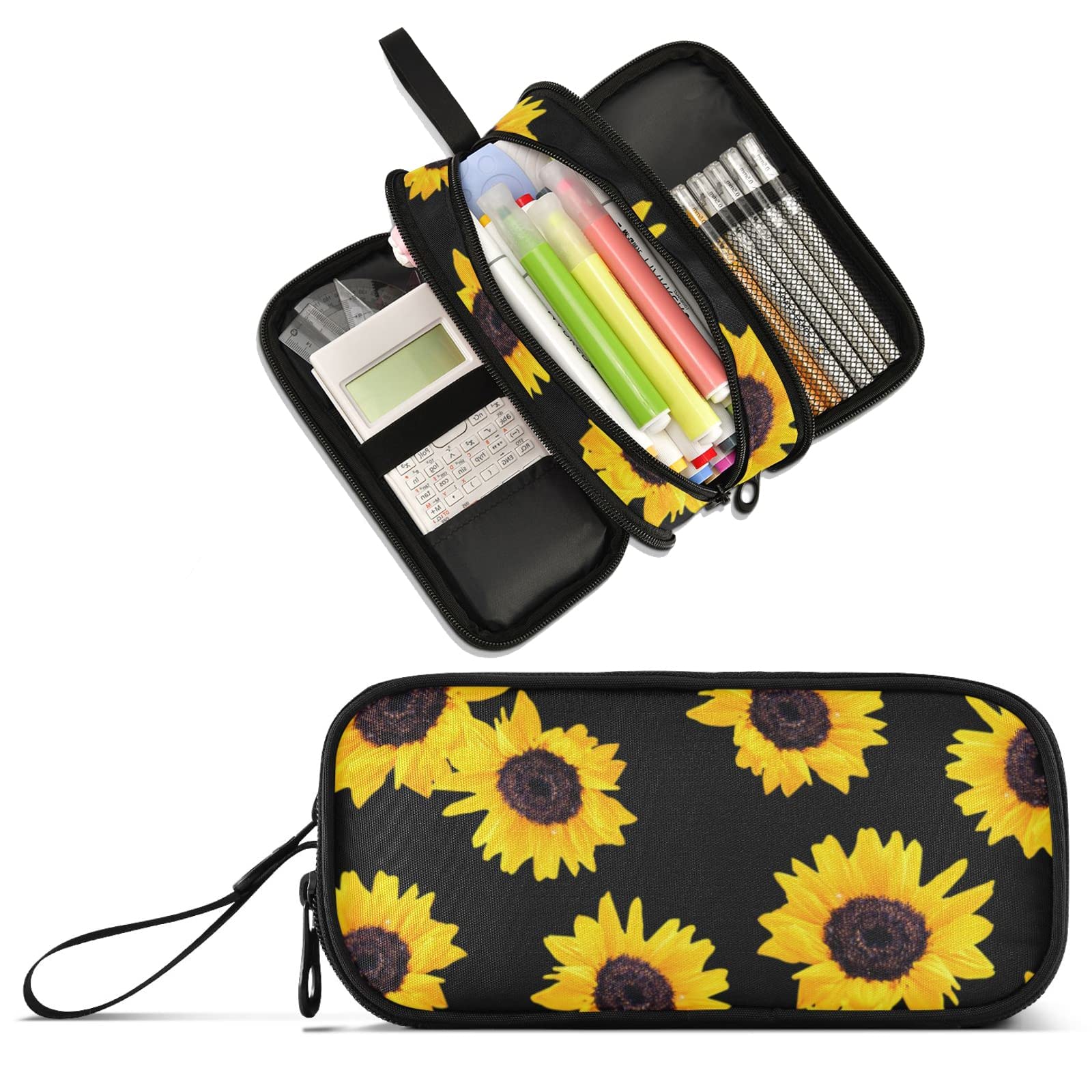 Xuwu Large Capacity Pencil Case Sunflower 3 Compartment Pencil Pouch Large Storage Pen Bag For Adults School Teen Boys Girls