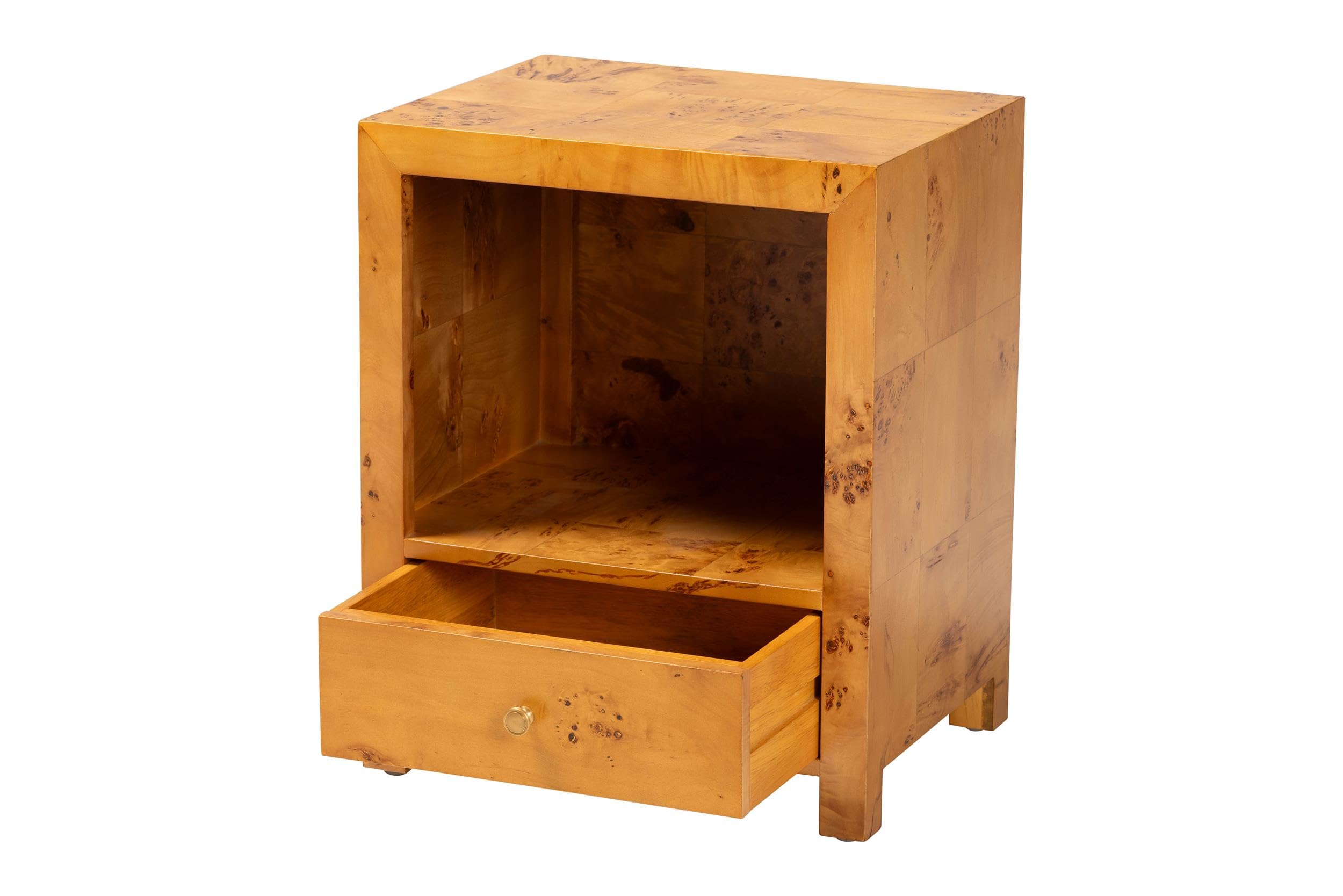 bali & pari Camira Natural Light Mappa Burl Wood 1-Drawer Nightstand