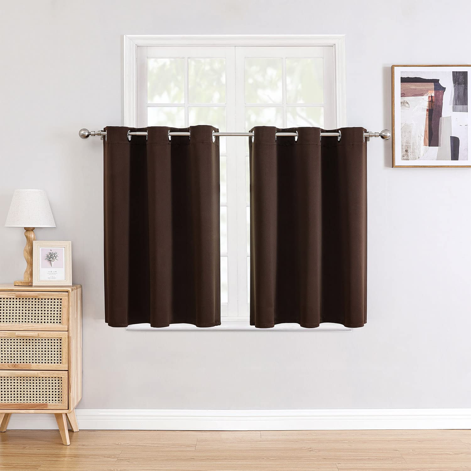 ChrisDowa Small Window Curtains for Kitchen and Bedroom - Grommet Short Thermal Insulated Room Darkening Curtains (2 Panels, Bro