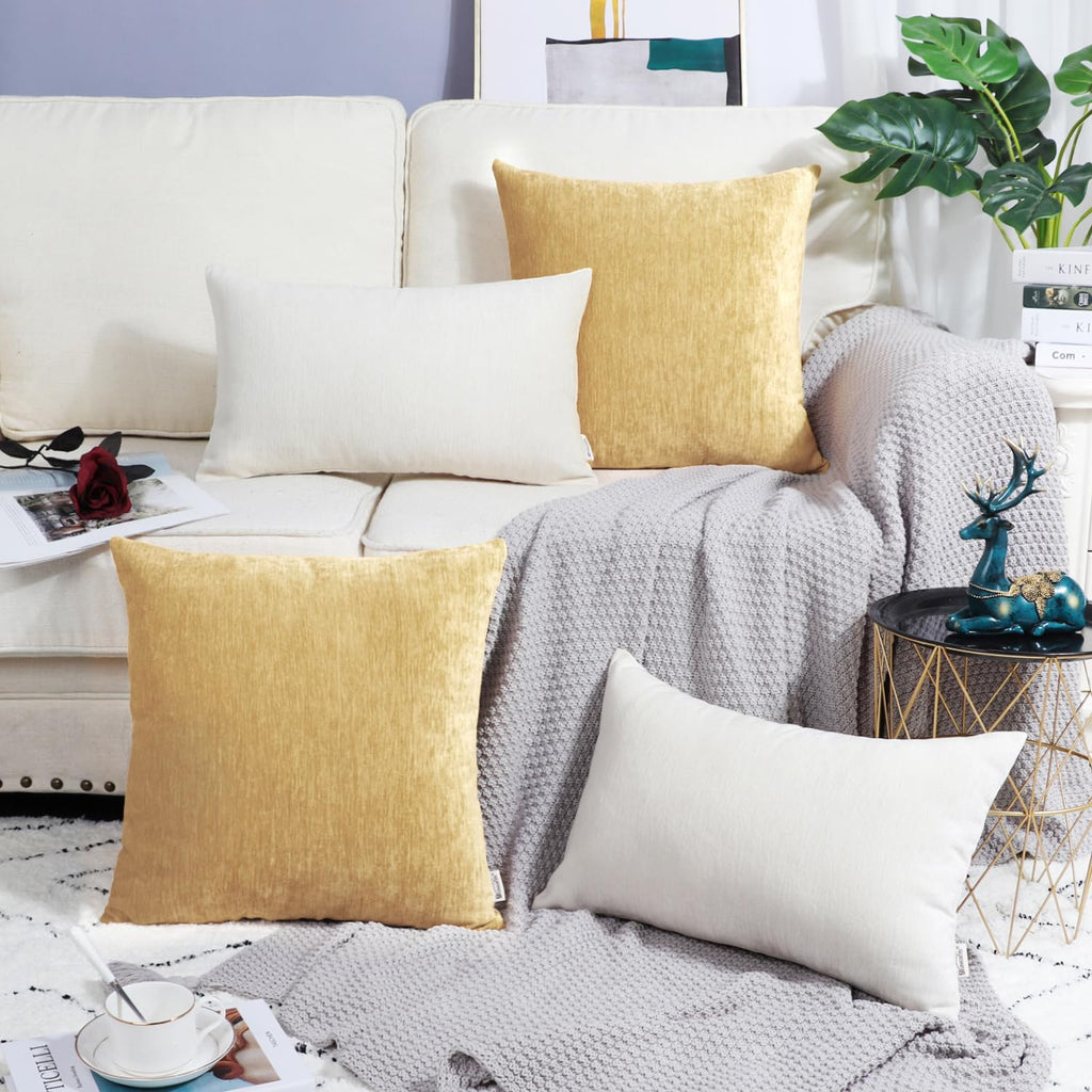 Brawarm Chenille Throw Pillow Covers 22X22 Inches - Gold Chenille Pillow Covers Pack Of 2, Solid Dyed Soft Chenille Pillow Cases