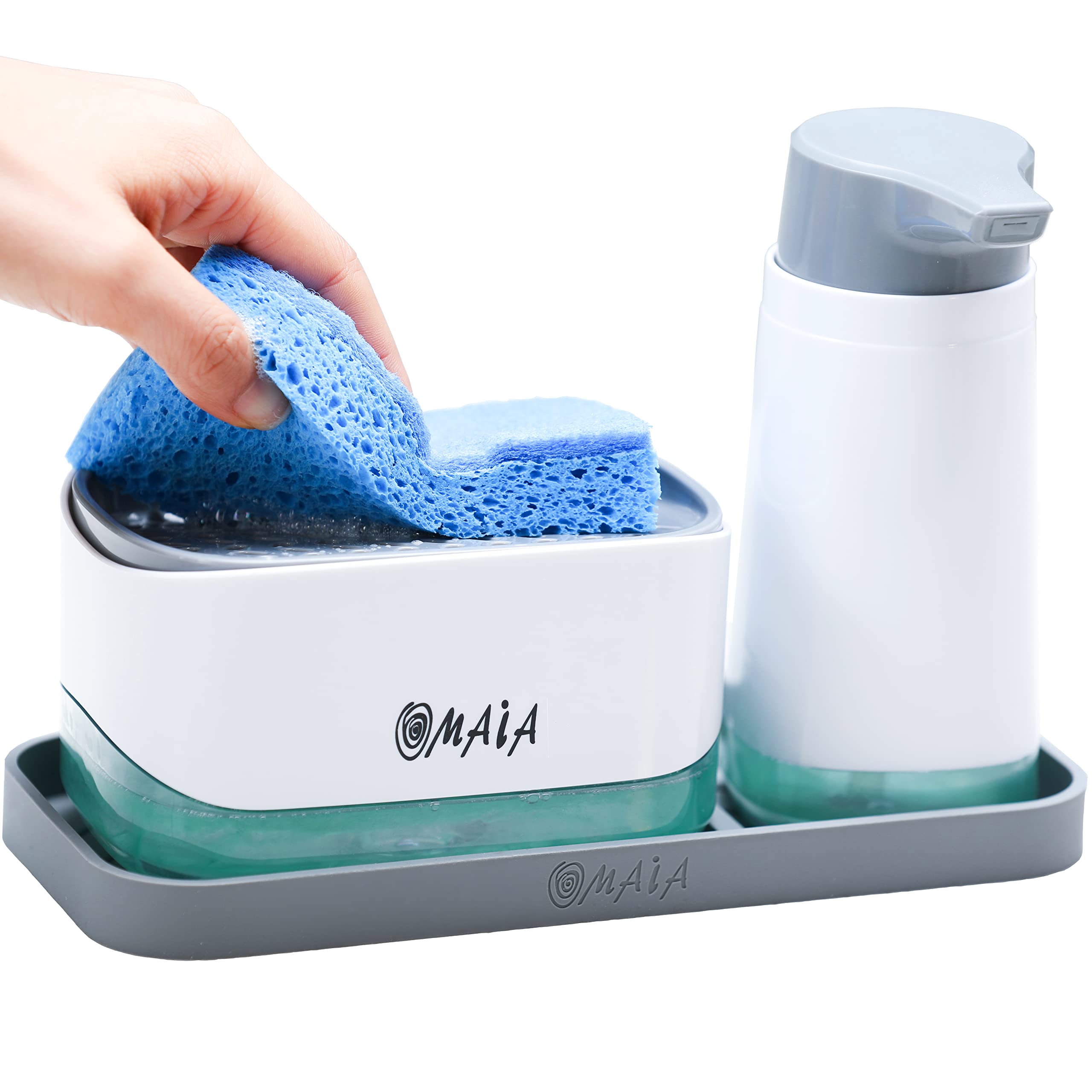 OMAIA 4-in-1 Dish Soap Dispenser Set with Sponge Holder and Liquid Hand Soap Dispenser and Silicone Tray - Countertop Organizer 