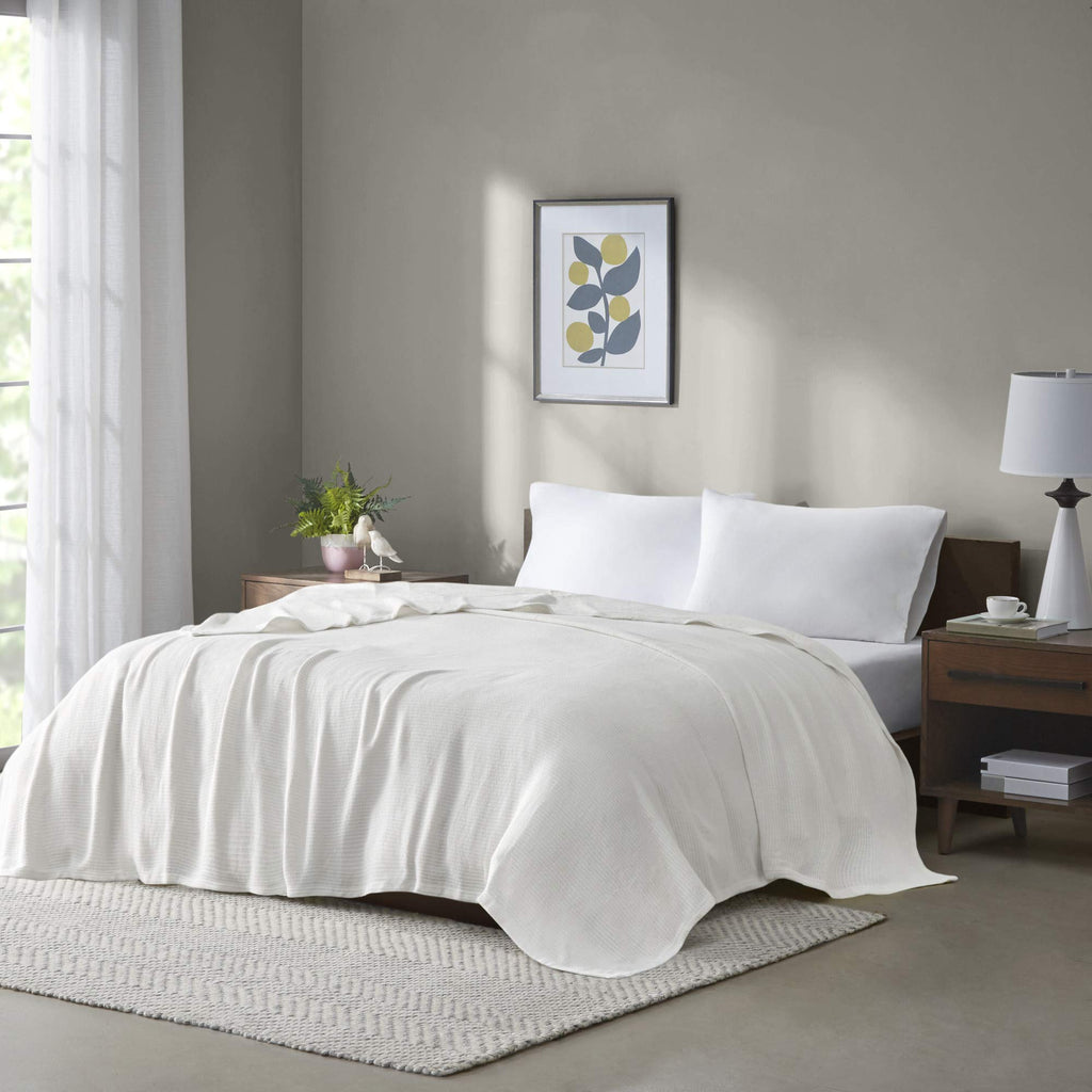 Madison Park Freshspun Basketweave Luxury Cotton Blanket Cream 90X90' Full/Queen Size Basketweave Premium Soft Cozy 100% Cotton For Bed, Couch Or Sofa