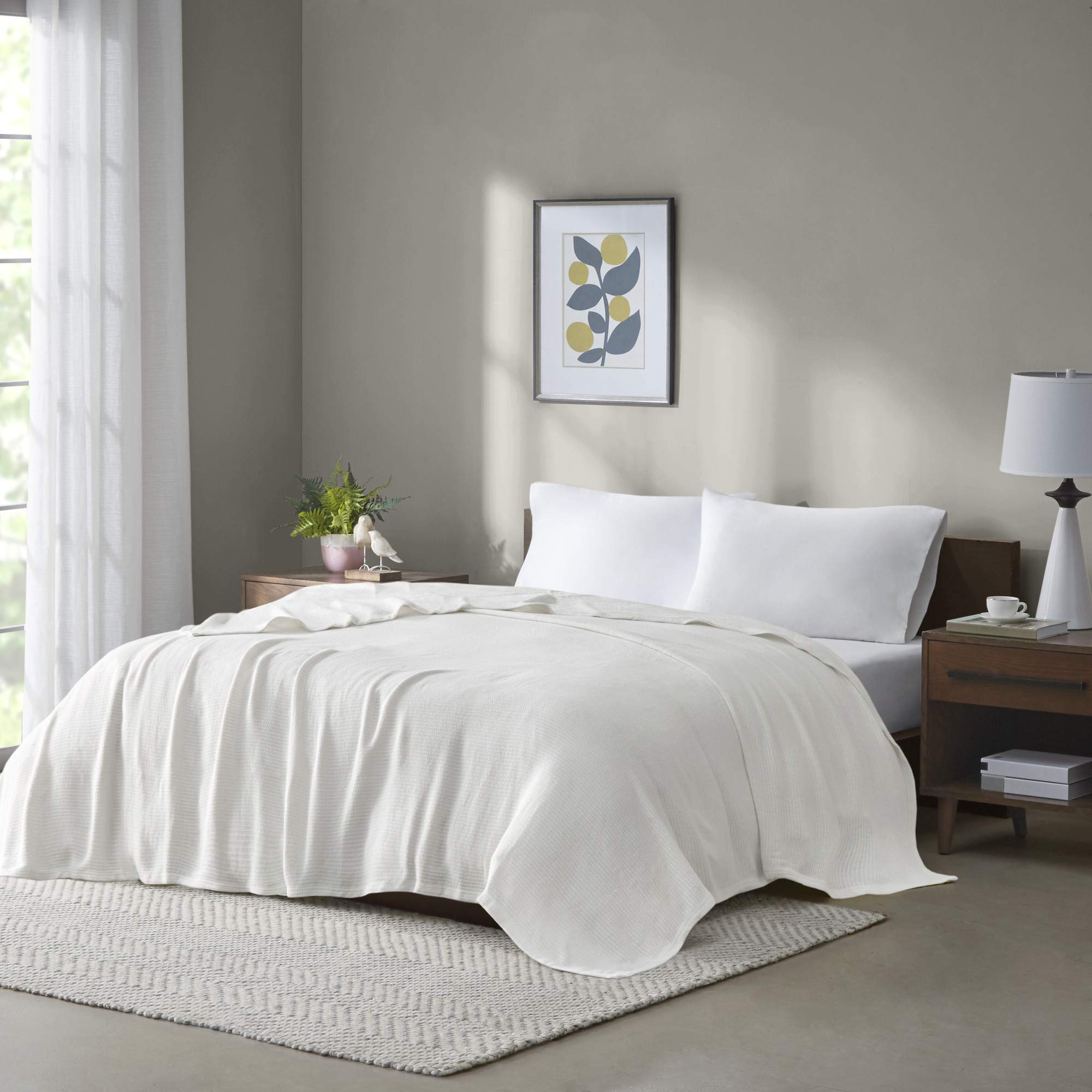 Madison Park Freshspun Basketweave Luxury Cotton Blanket Cream 90X90' Full/Queen Size Basketweave Premium Soft Cozy 100% Cotton For Bed, Couch Or Sofa