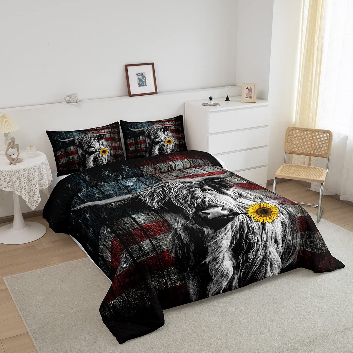 Feelyou Highland Cattle Bedding Set Sunflower Highland Cow Comforter Set For Kids Boys Girls America Flag Bull Comforter Animal