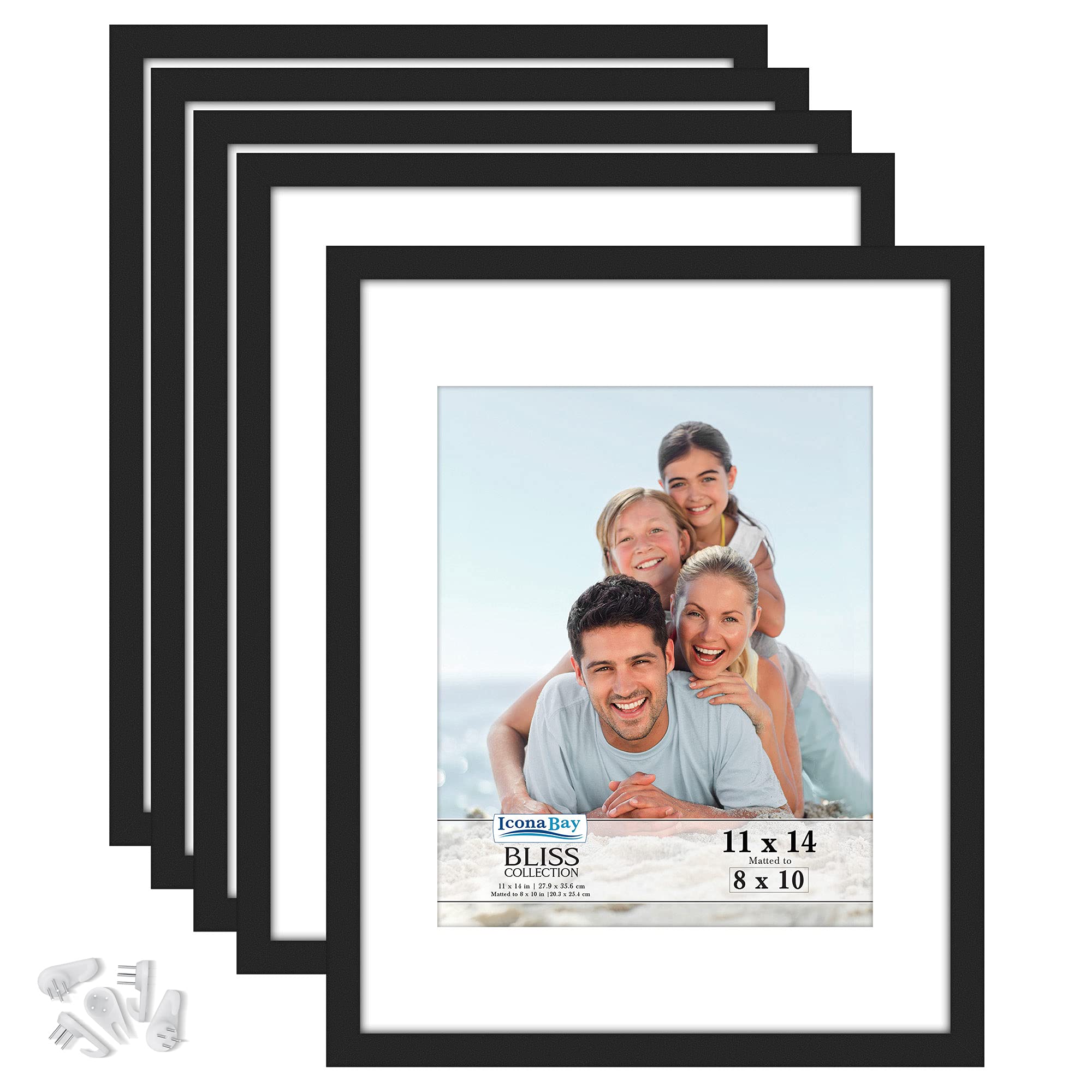 Icona Bay 11x14 Picture Frames with Removable Mat for 8x10 Photo (Black, 5 Pack), Modern Style Wood Composite Frames, Wall Mount