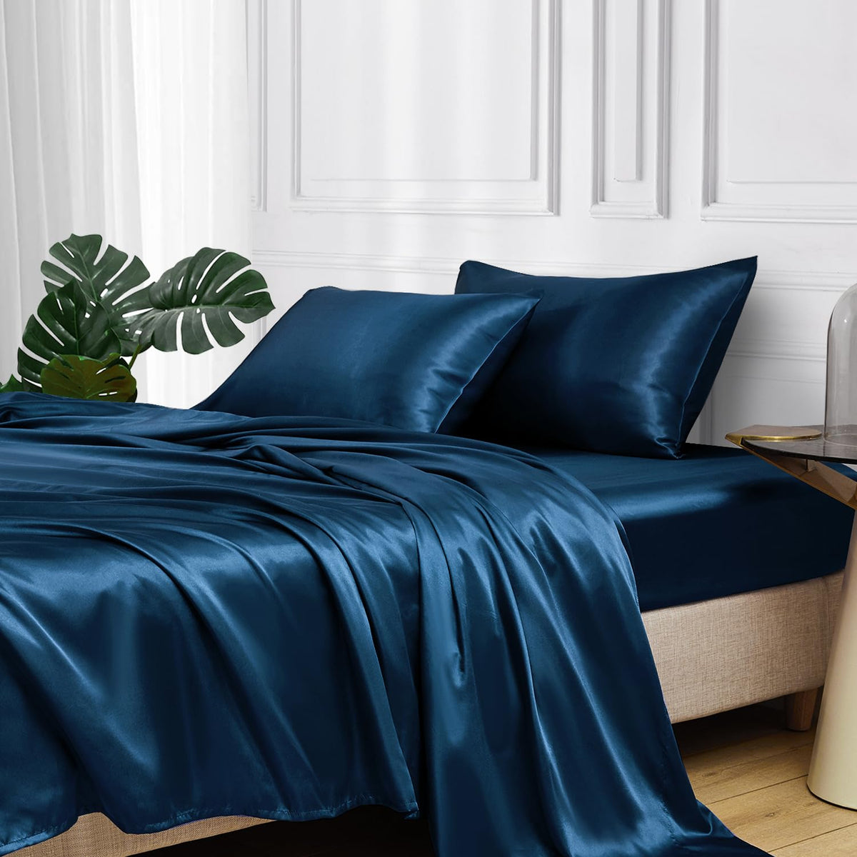 Mr&Hm Satin Bed Sheets, Full Size Sheets Set, 4 Pcs Silky Bedding Set With 15 Inches Deep Pocket For Mattress (Full, Teal)