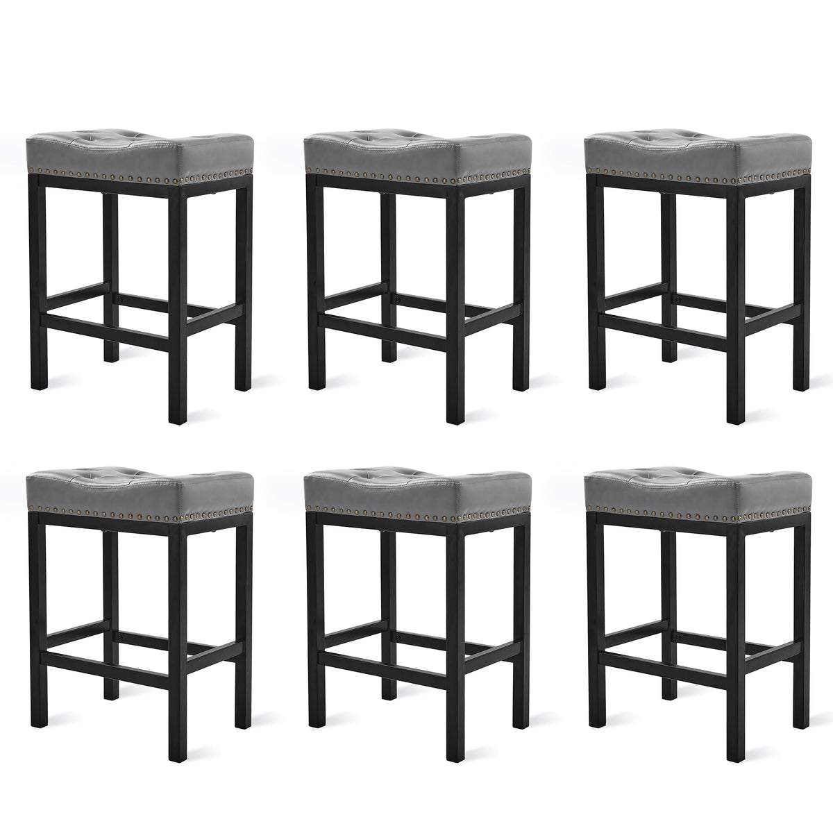 Lue Bona Counter Height Bar Stools, 24 Inch Saddle Backless Bar Stools Set Of 6 For Kitchen Counter, Faux Leather Counter Stools With Black Metal Legs, Modern Kitchen Island Stools, Dark Gray