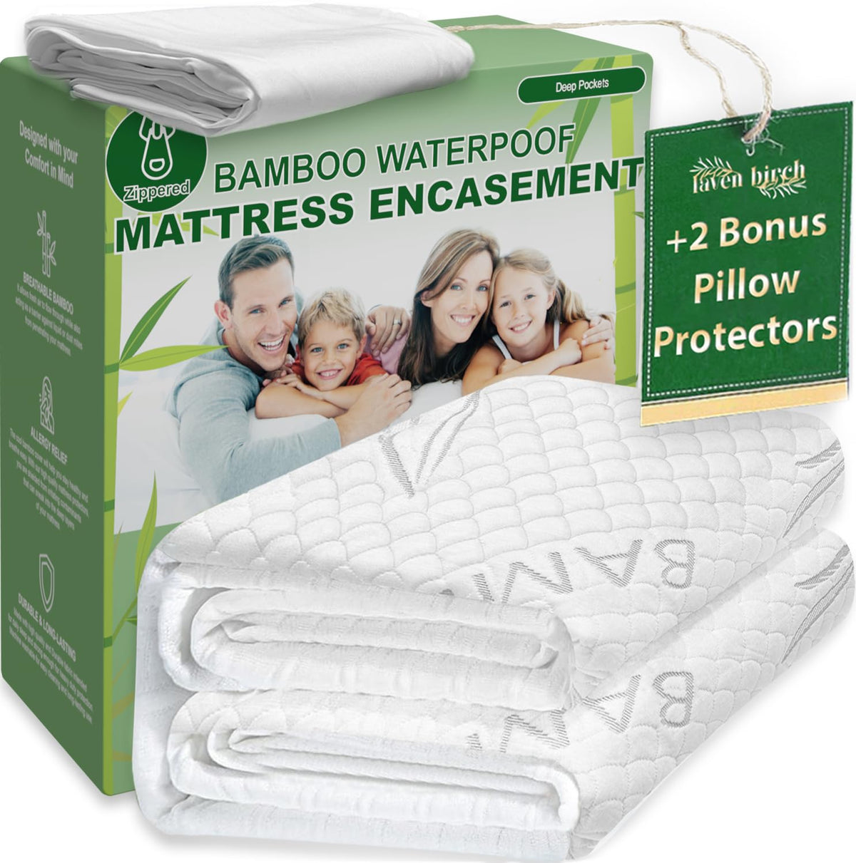 Bamboo Rayon Mattress Protector With Zipper + 2 Pillow Protectors - 100% Waterproof Cooling King Size Cover - Ultra Soft Fabric