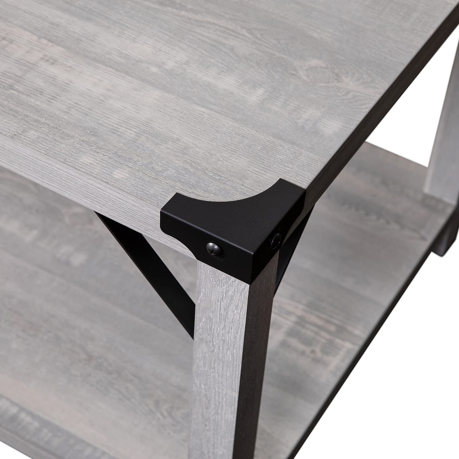 Flash Furniture Wyatt Modern Farmhouse 2 Tier Coffee Table - Aspen Gray Engineered Wood Frame - Black Metal Crisscross Side Braces and Corner Accents