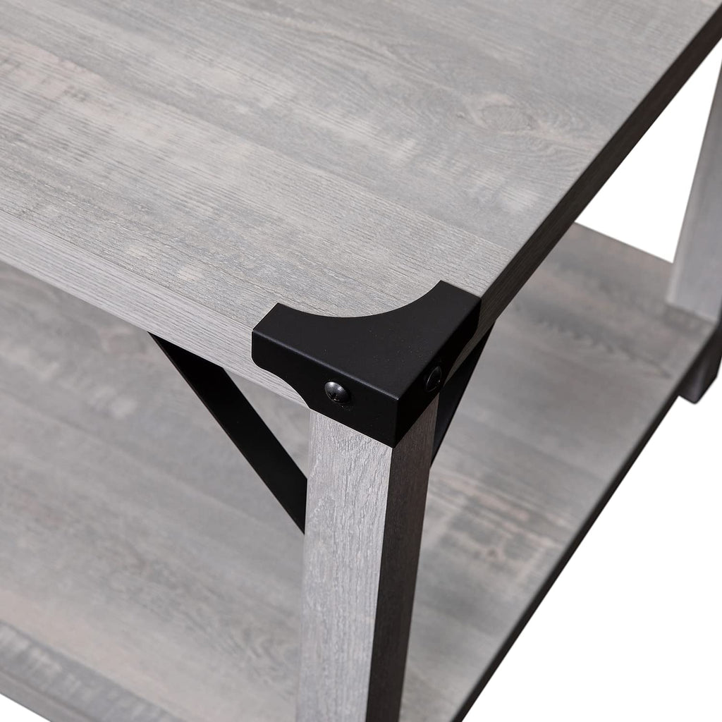 Flash Furniture Wyatt Modern Farmhouse 2 Tier Coffee Table - Aspen Gray Engineered Wood Frame - Black Metal Crisscross Side Braces and Corner Accents