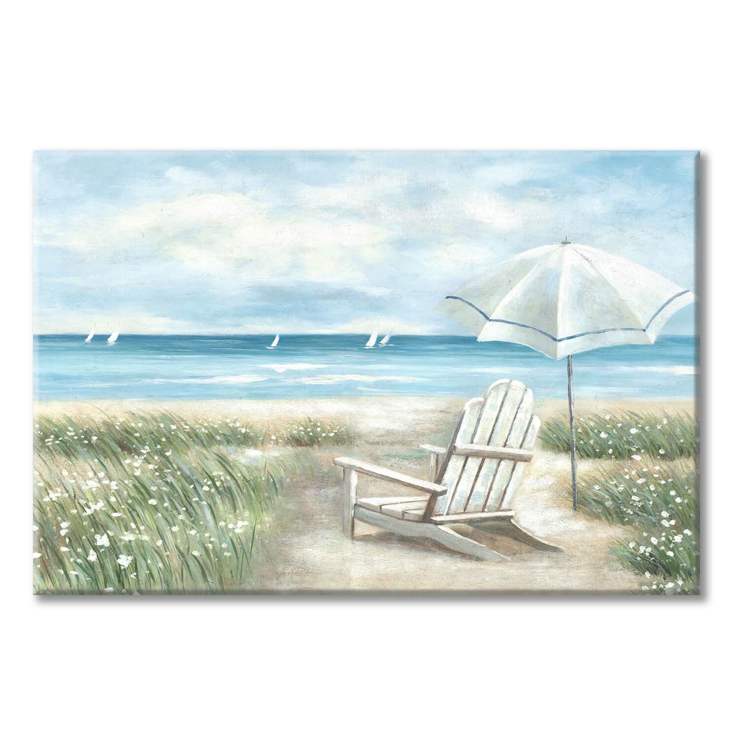 UTOP-art Beach Picture Canvas Wall Art: Hand-painted Heavy Textured on Chairs under Umbrella Painting Print Artwork for Living R