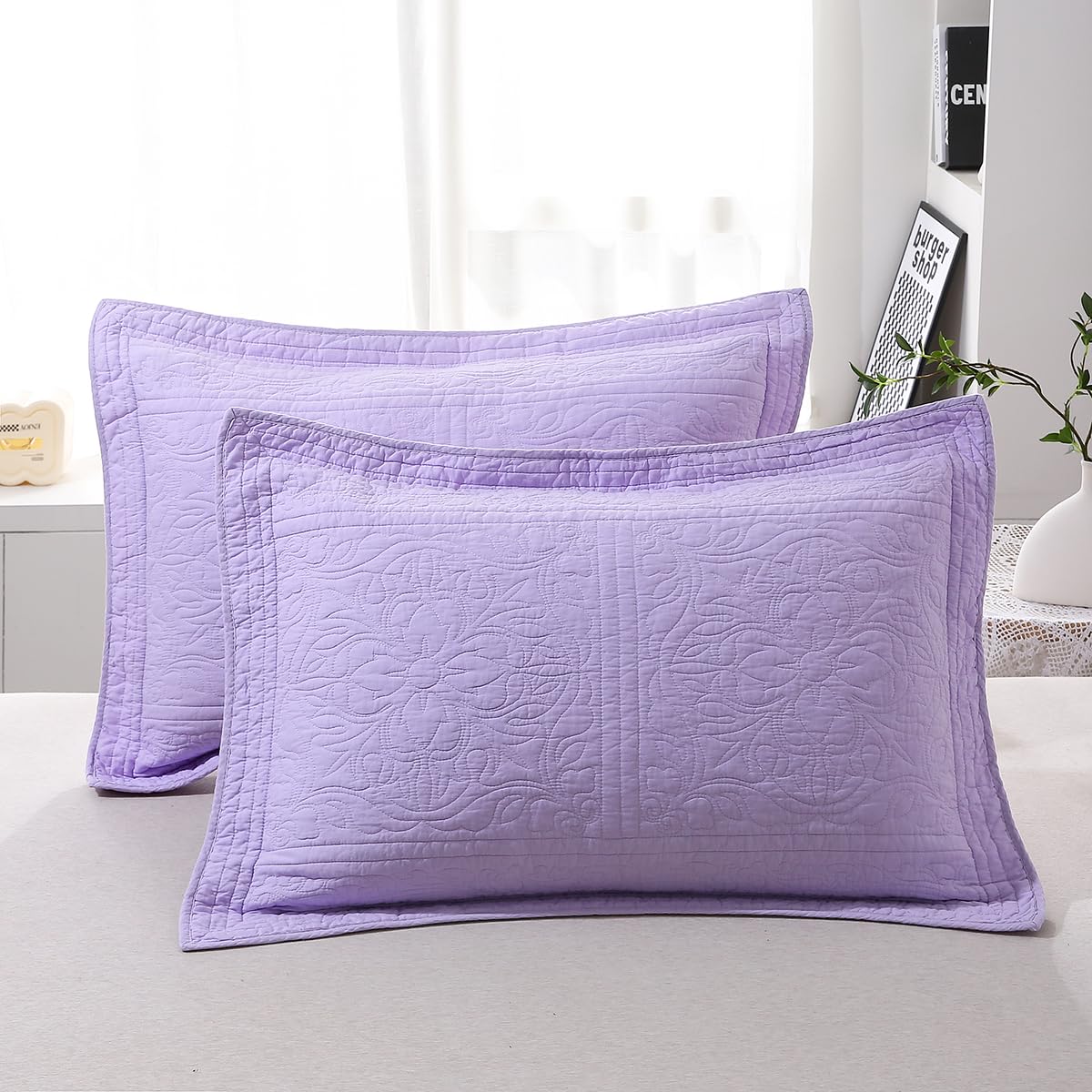 Winlife 100% Cotton Quilted Pillow Sham Floral Printed Pillow Cover (Standard, Lavender)