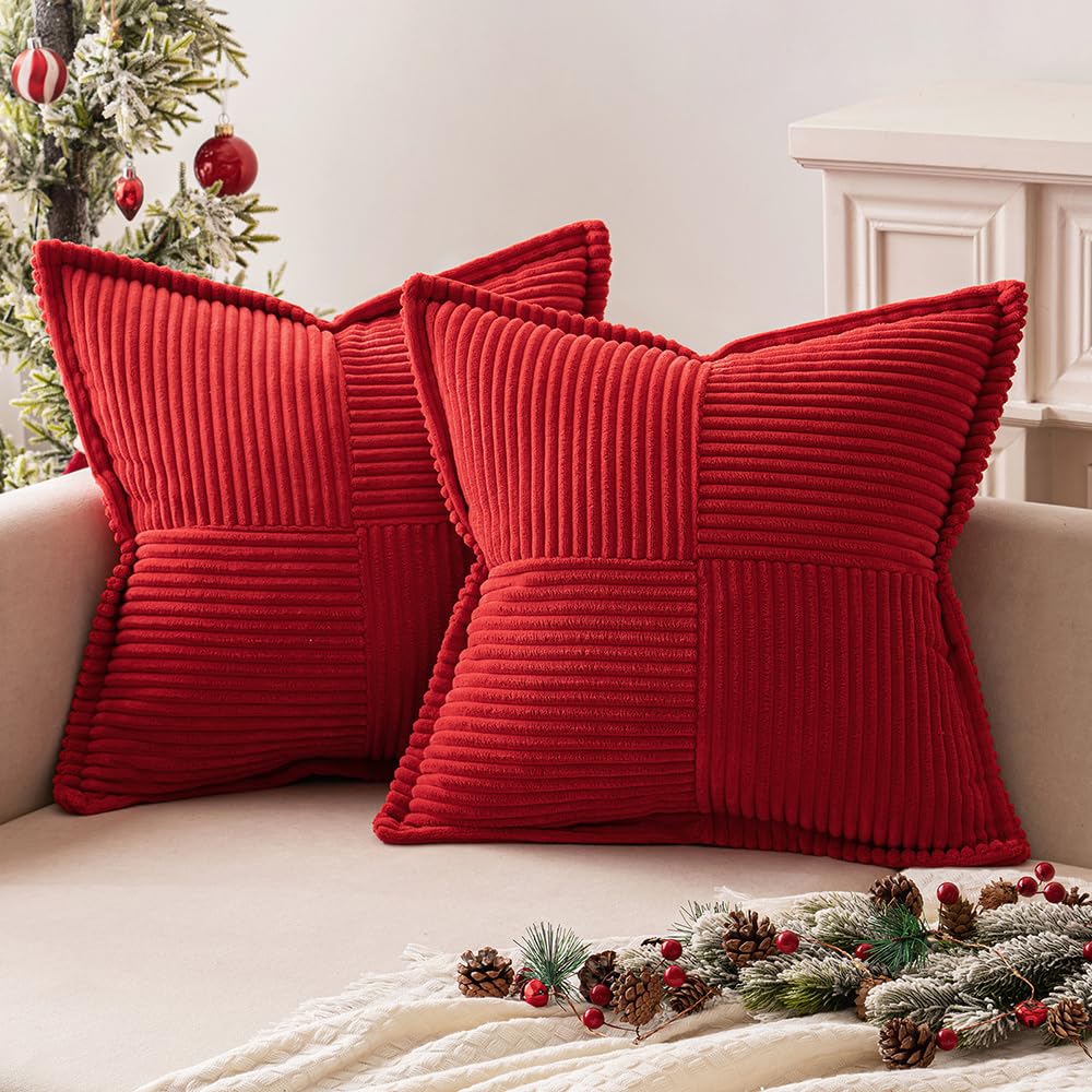 Miulee Red Corduroy Pillow Covers 24X24 Inch With Splicing Set Of 2 Super Soft Boho Striped Christmas Pillow Covers Broadside De
