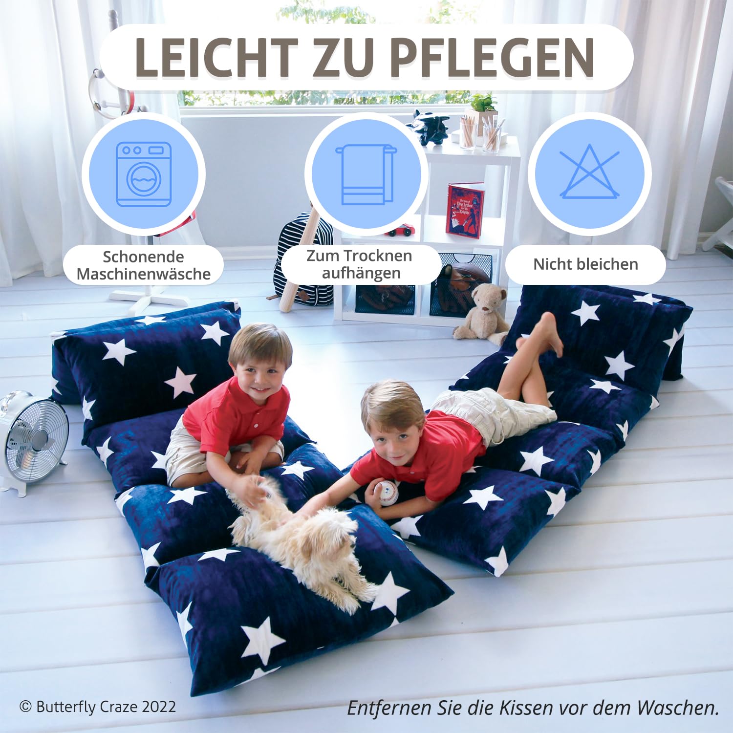 Butterfly Craze Floor Pillow Case, Mattress Bed Lounger Cover, Star Navy, Queen Size - Cozy Seating Solution For Kids & Adults,