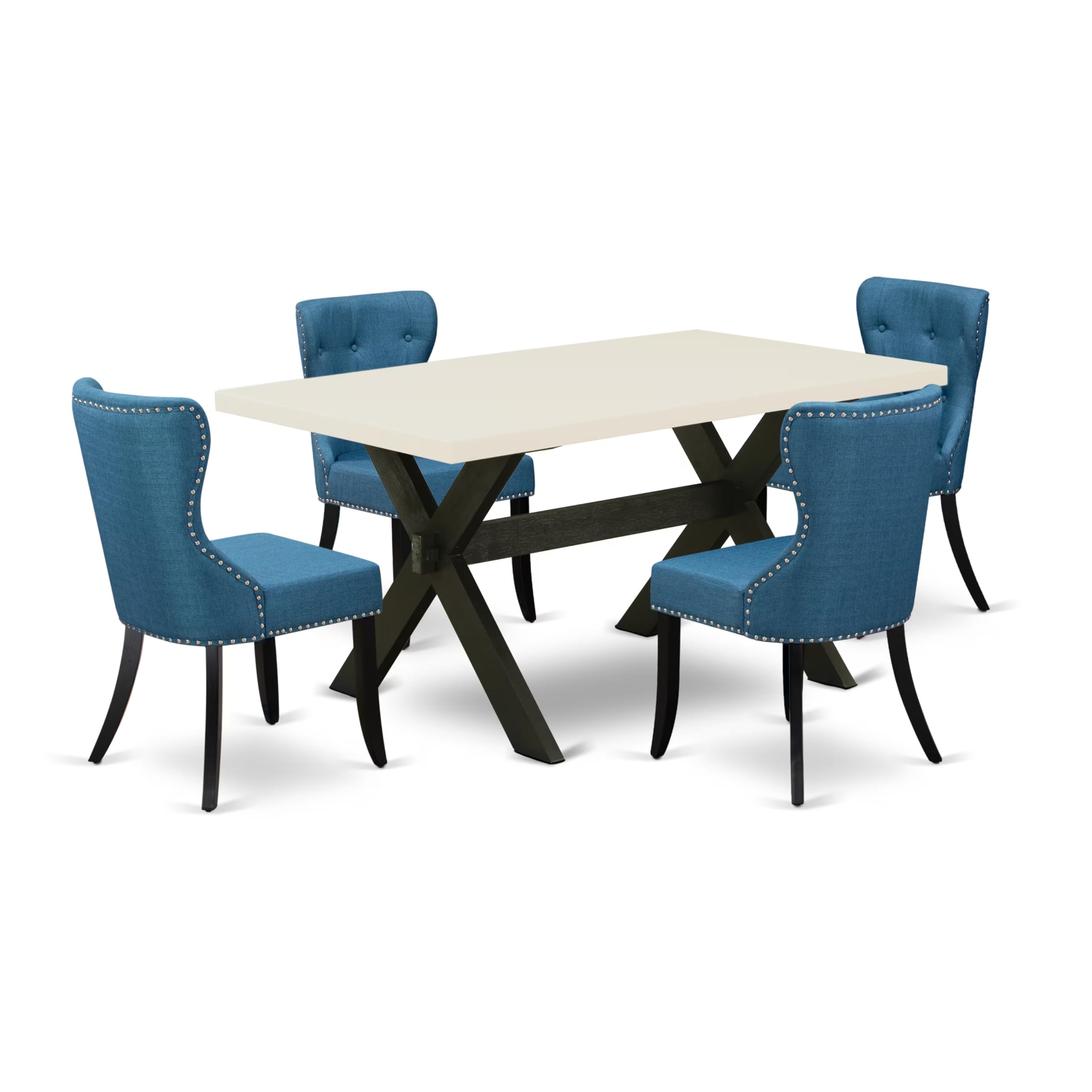 East West Furniture X626Si121-5 5 Piece Dining Set Includes A Rectangle Dining Room Table With X-Legs And 4 Blue Linen Fabric Upholstered Chairs, 36X60 Inch, Multi-Color