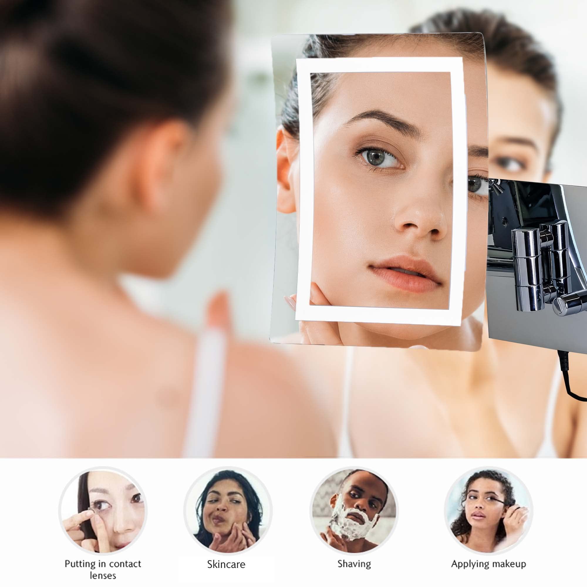 Ovente 7' Lighted Wall Mount Makeup Mirror, 7X Magnifier, Square White Led W/Dimmer Switch, One Sided Adjustable, Extend & Fold